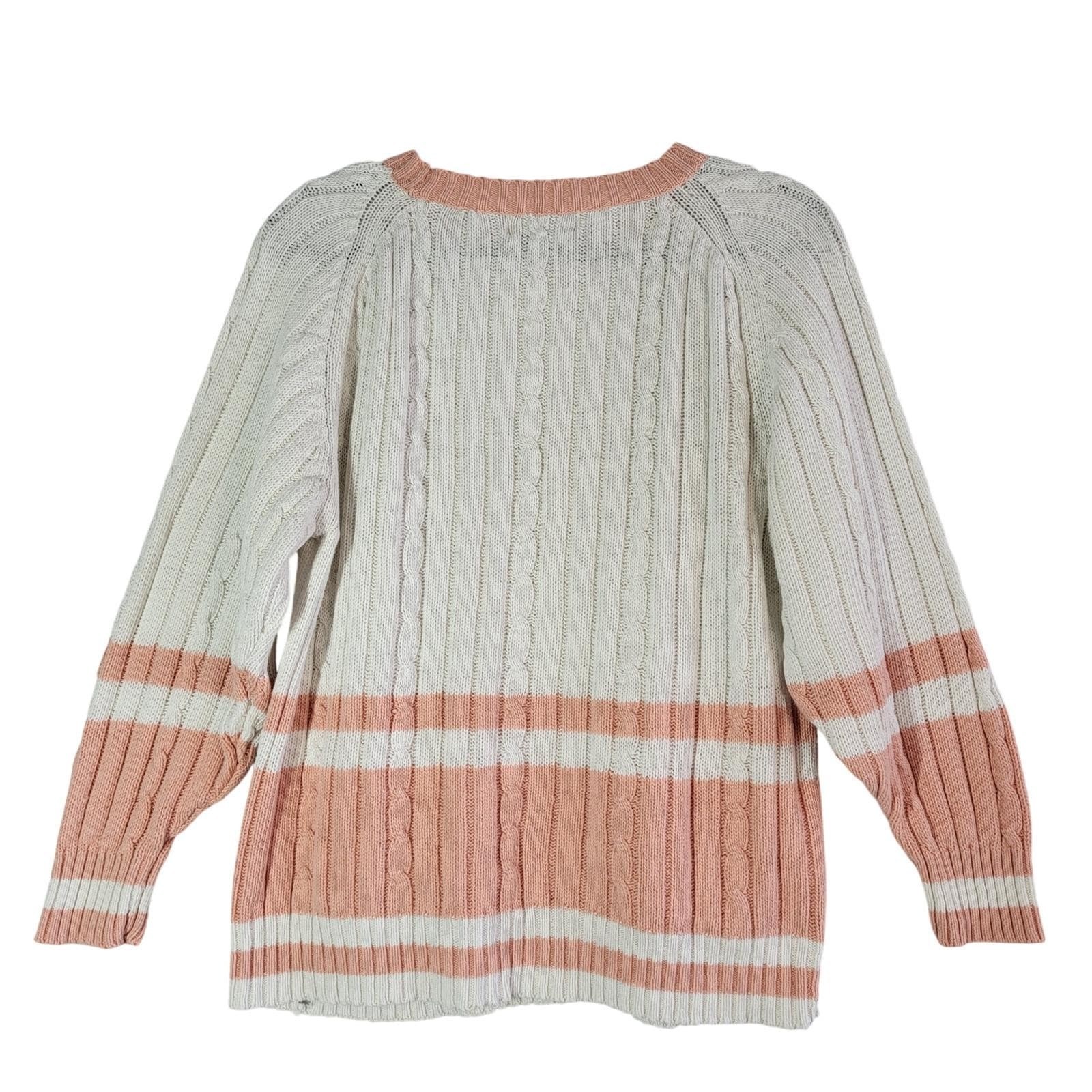 Vintage 90s Cable Knit Varsity Tennis Sweater Pink Cream Womens M Distressed