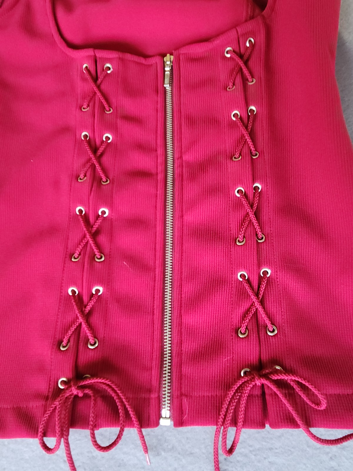 Vtg 90s Contempo Casuals Red Corset Lace Up Zip Front Ribbed Top Vest Womens M
