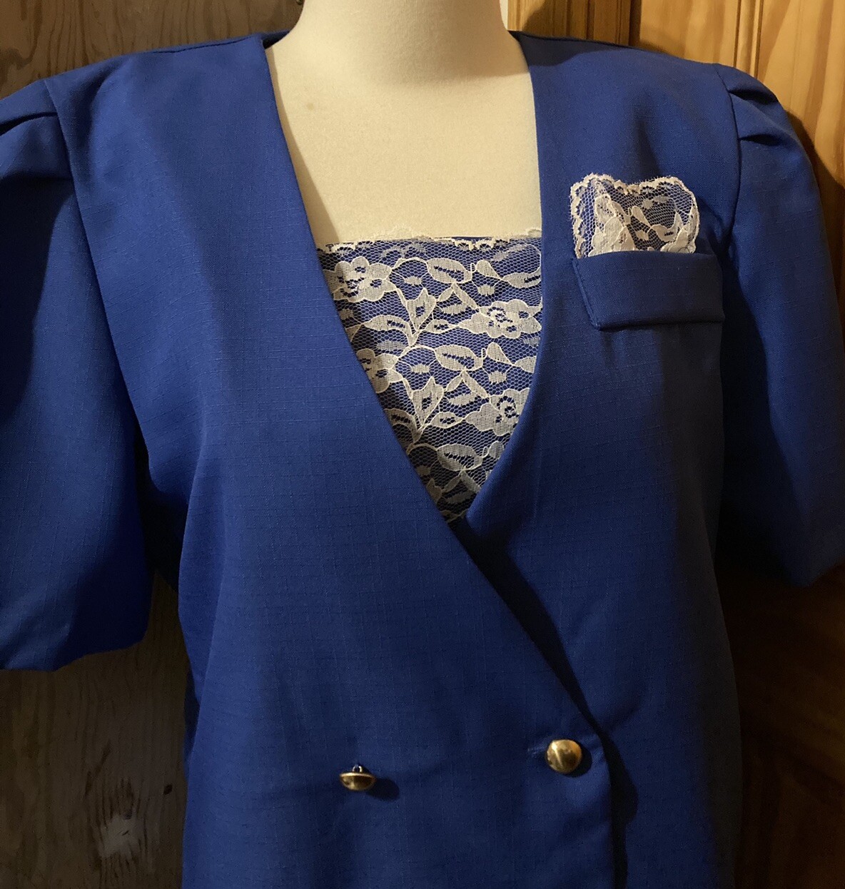 1980s Vintage Skirt Suit Blue Puff Sleeve Double Breasted Fashion Secretary EUC