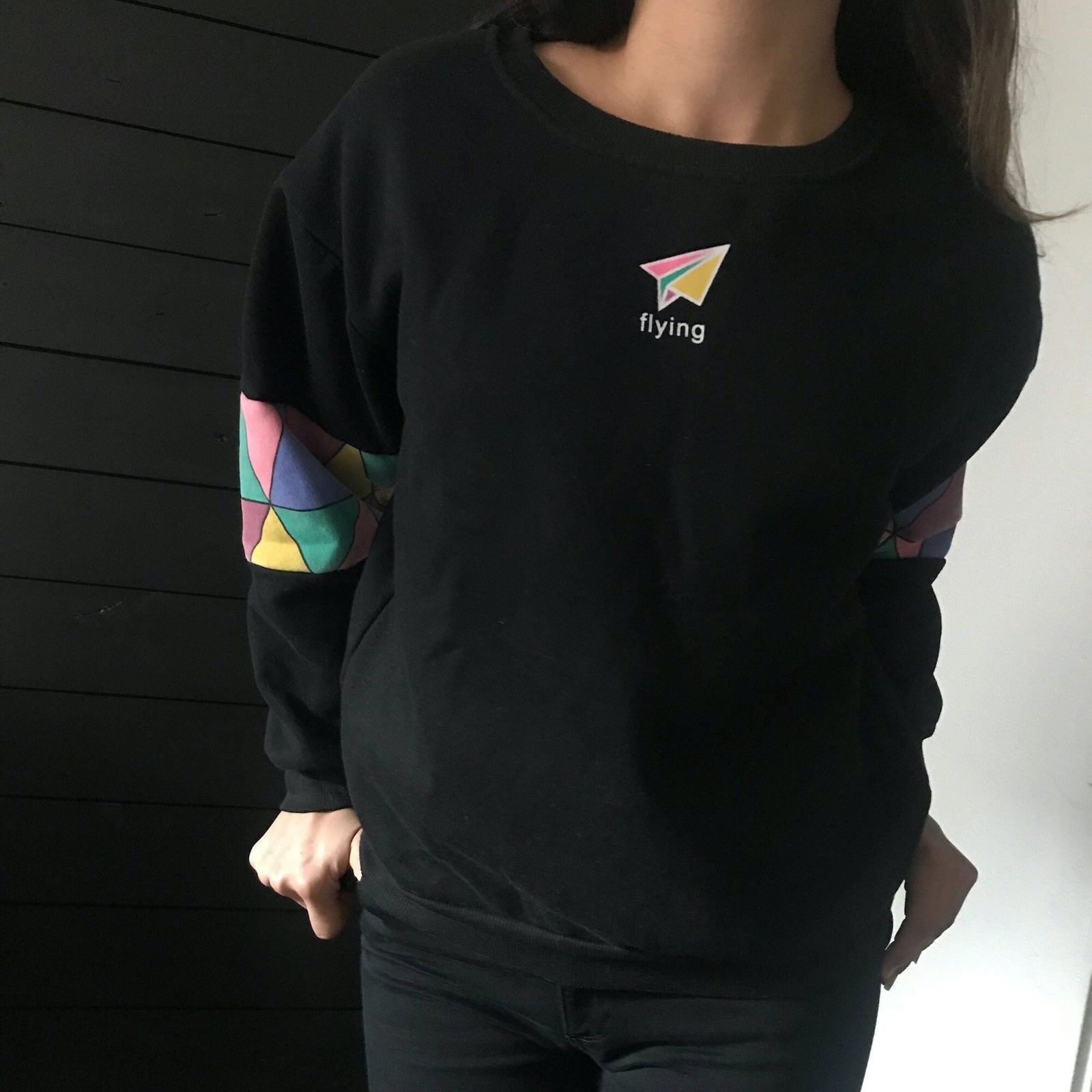 vtg 80s knit black sweatshirt pastel kite boho crewneck pullover small street