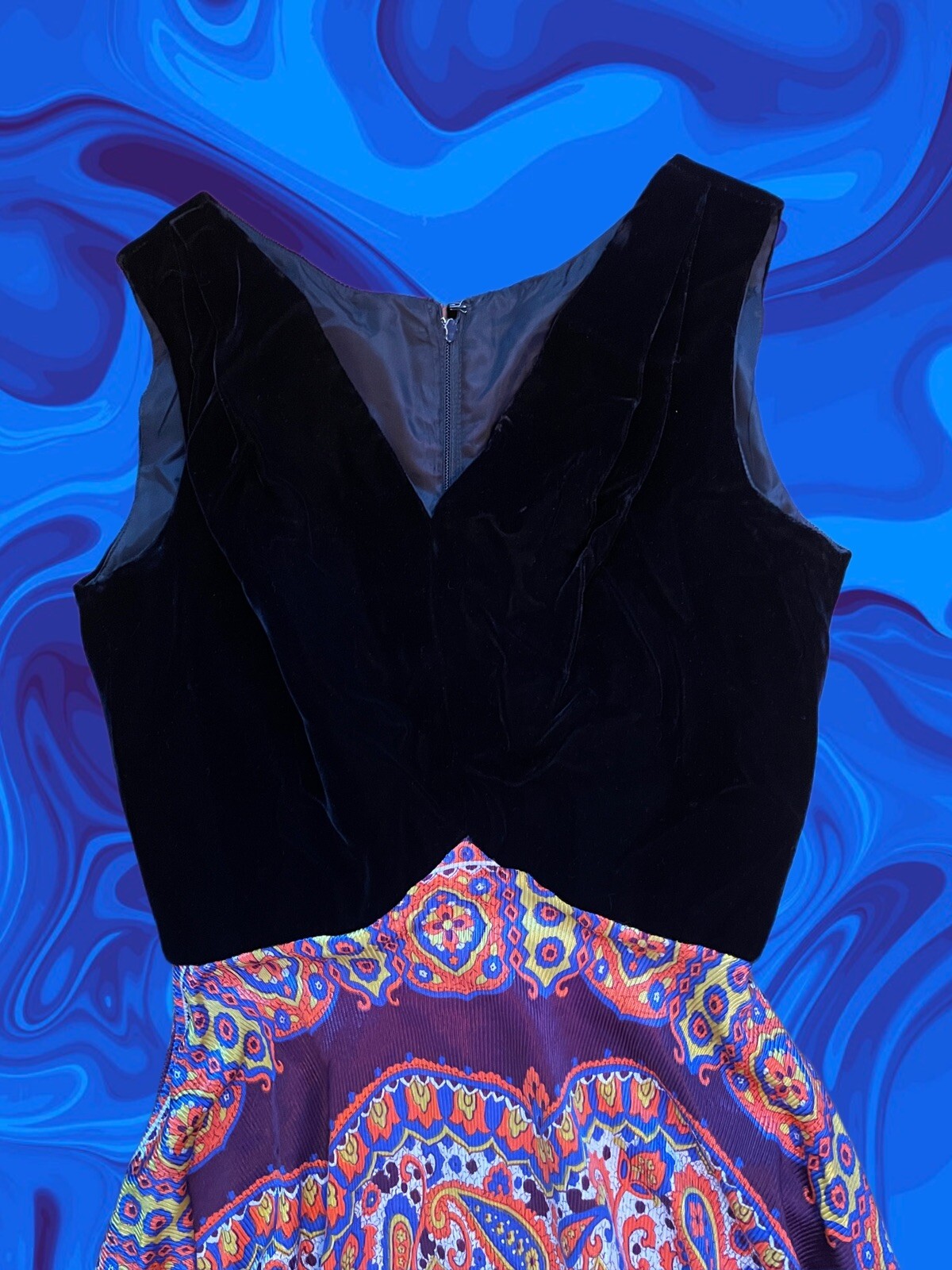 True Vintage 70s Maxi Dress Black Velvet Psychedelic Paisley Groovy XS Handmade