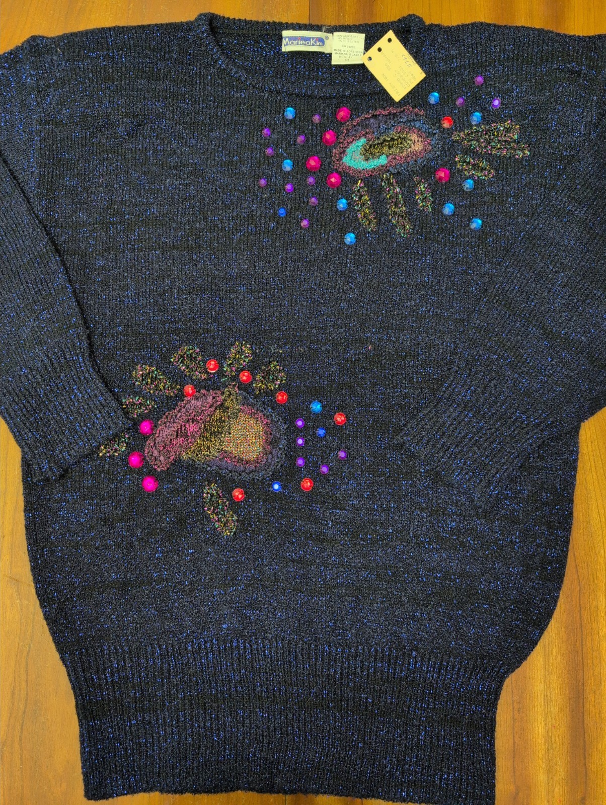 Vintage NEW Mariea Kim Sweater M Metallic Blue Beaded Embellished Artsy 80s 90s