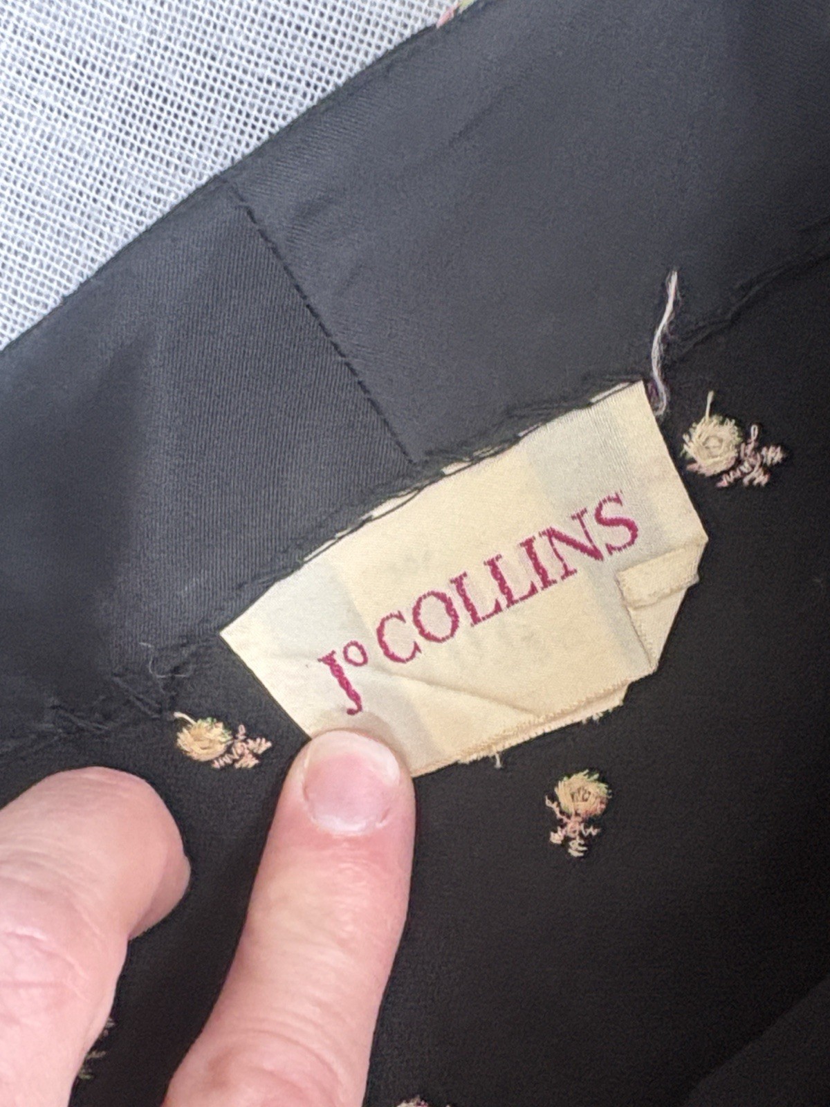 Jo Collin’s Vintage Black Velvet Midi Dress with Embroidered Rosettes