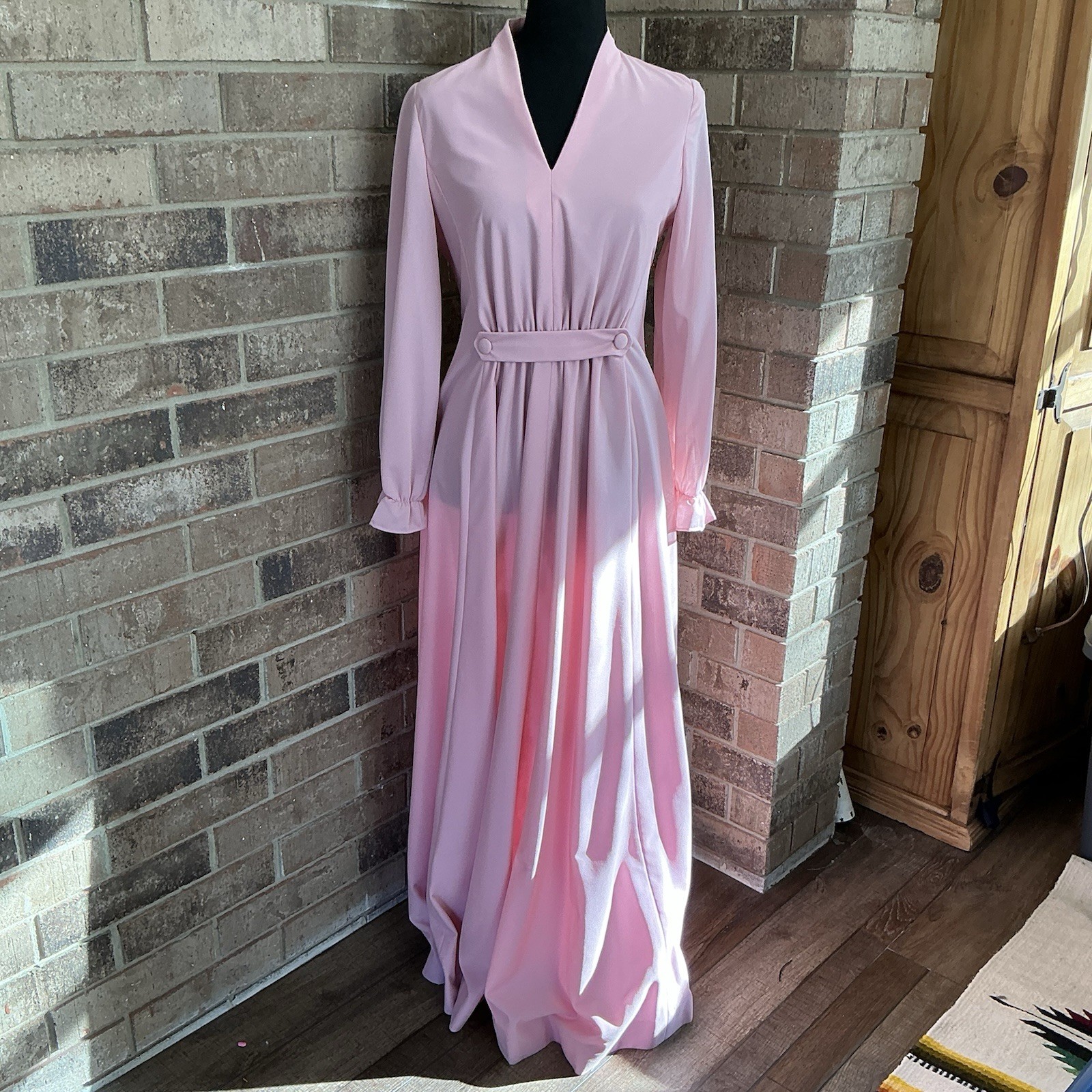 70s VINTAGE Pink Empire Waist Maxi Dress Womens XS Long Sleeve Formal Boho #42B8