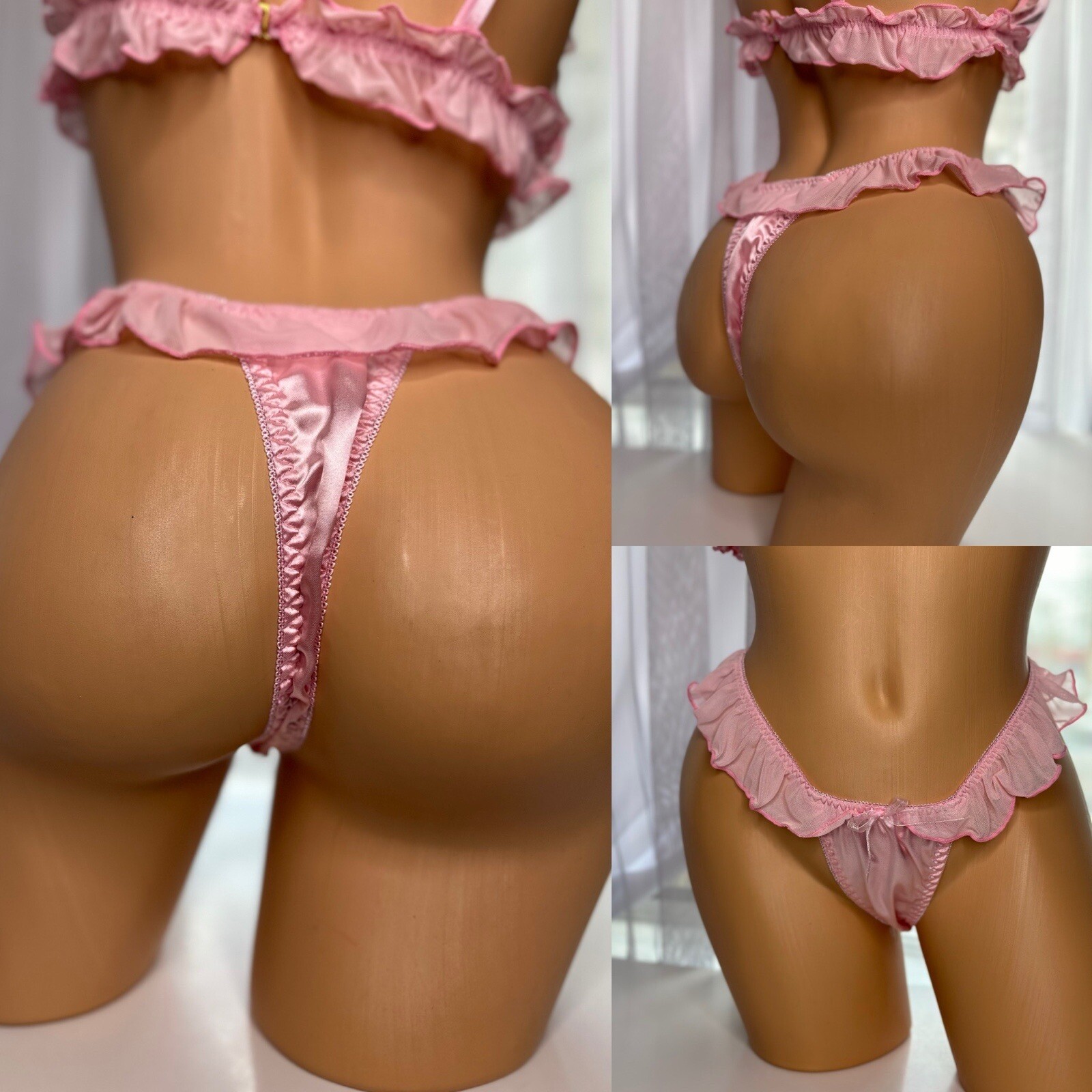 Large 7 L Shiny Satin Bralette Thong Panty Chiffon Ruffles Coquette Vtg Bra Set