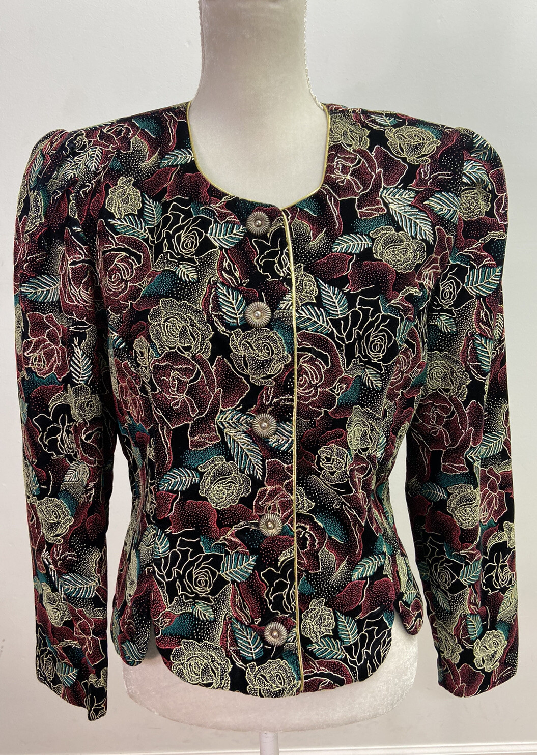 Another Thyme Vintage Multi Color Floral Puffed Sleeve Blazer Size 14 Textured