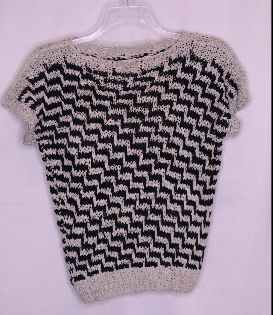 VTG SOLEY BLUE/GRAY CHECK ROUND NECK CAP SLEEVE LEATHER SWEATER SZ ONE #P253