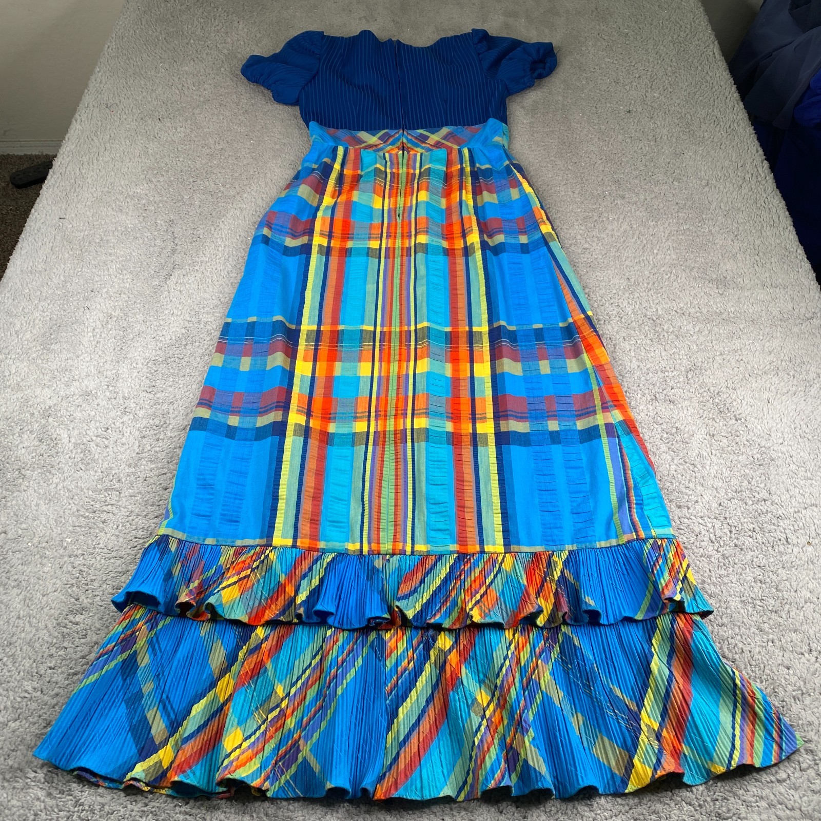 Vintage Ruth Norman Maxi Dress Womens Small Blue Plaid Short Sleeve Poly