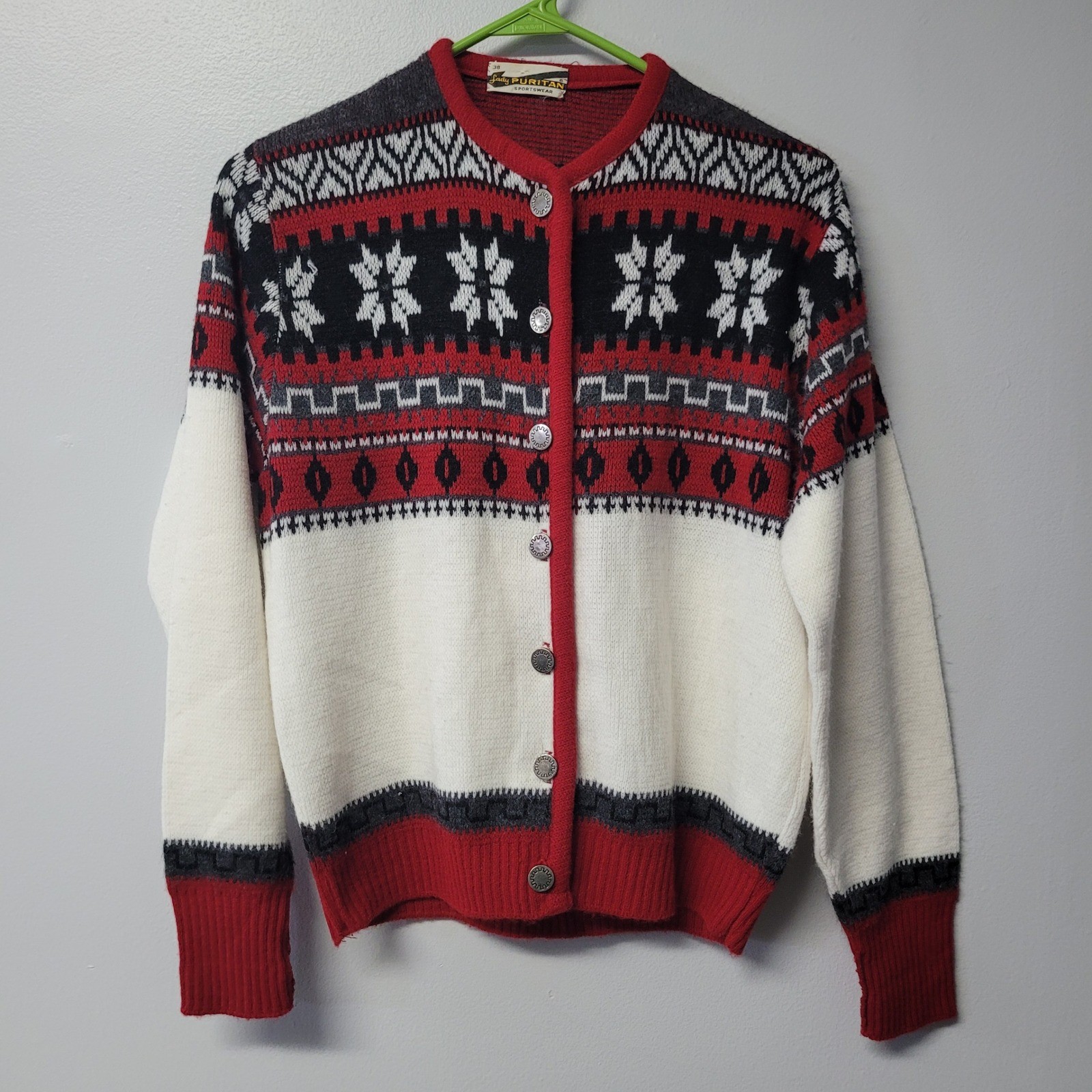 Vintage Lady Puritan Fair Isle Cardigan Sweater Red White Black Snowflake Sz 38