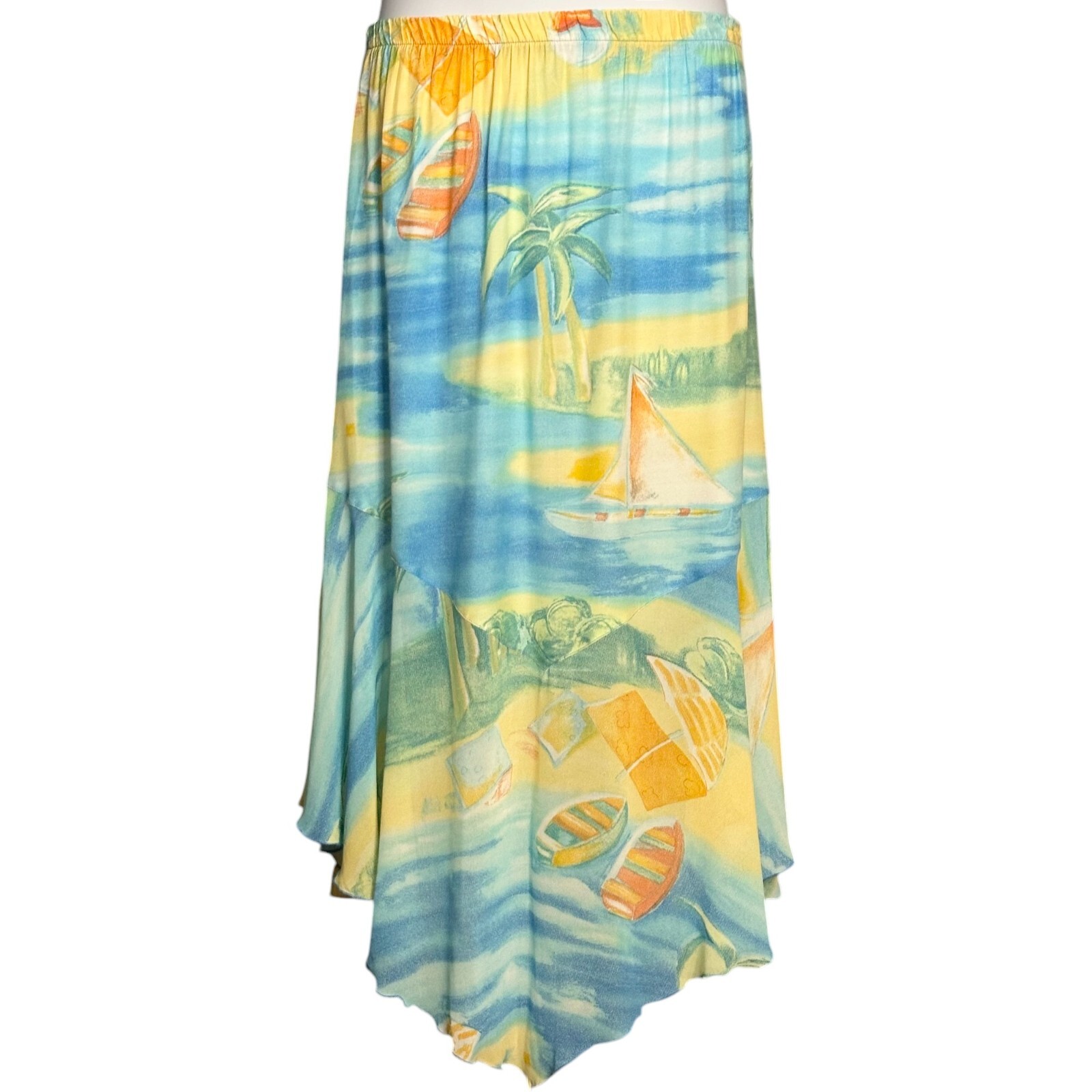 Vintage 90s Aloha Rayon Skirt Set Beach Scenic Print Outfit Cruise USA Size L