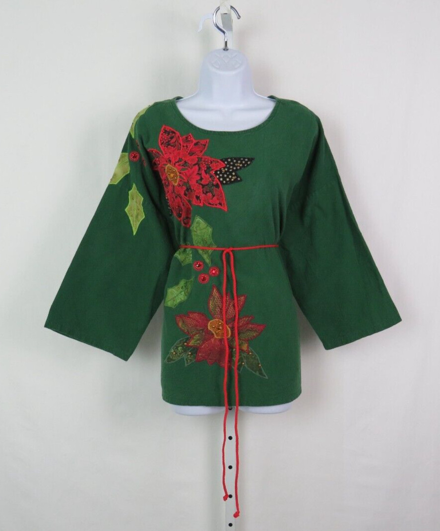 VTG 1970s 80s ALFREDO’S WIFE GREEN COTTON BOHO HIPPIE SMOCK TOP TUNIC POINSETTIA