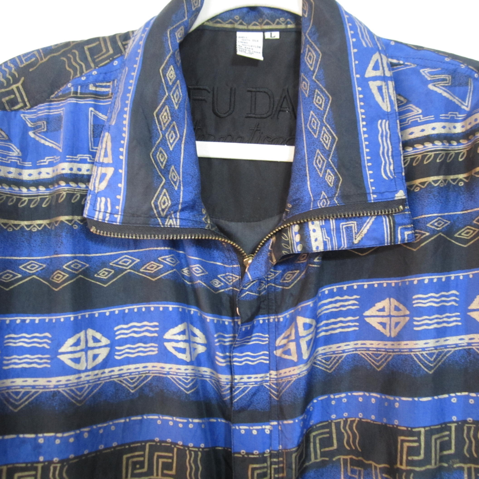 Fuda Int’l Size Large 100% Silk Bomber Jacket Blue/Black/Gold Geometric Print