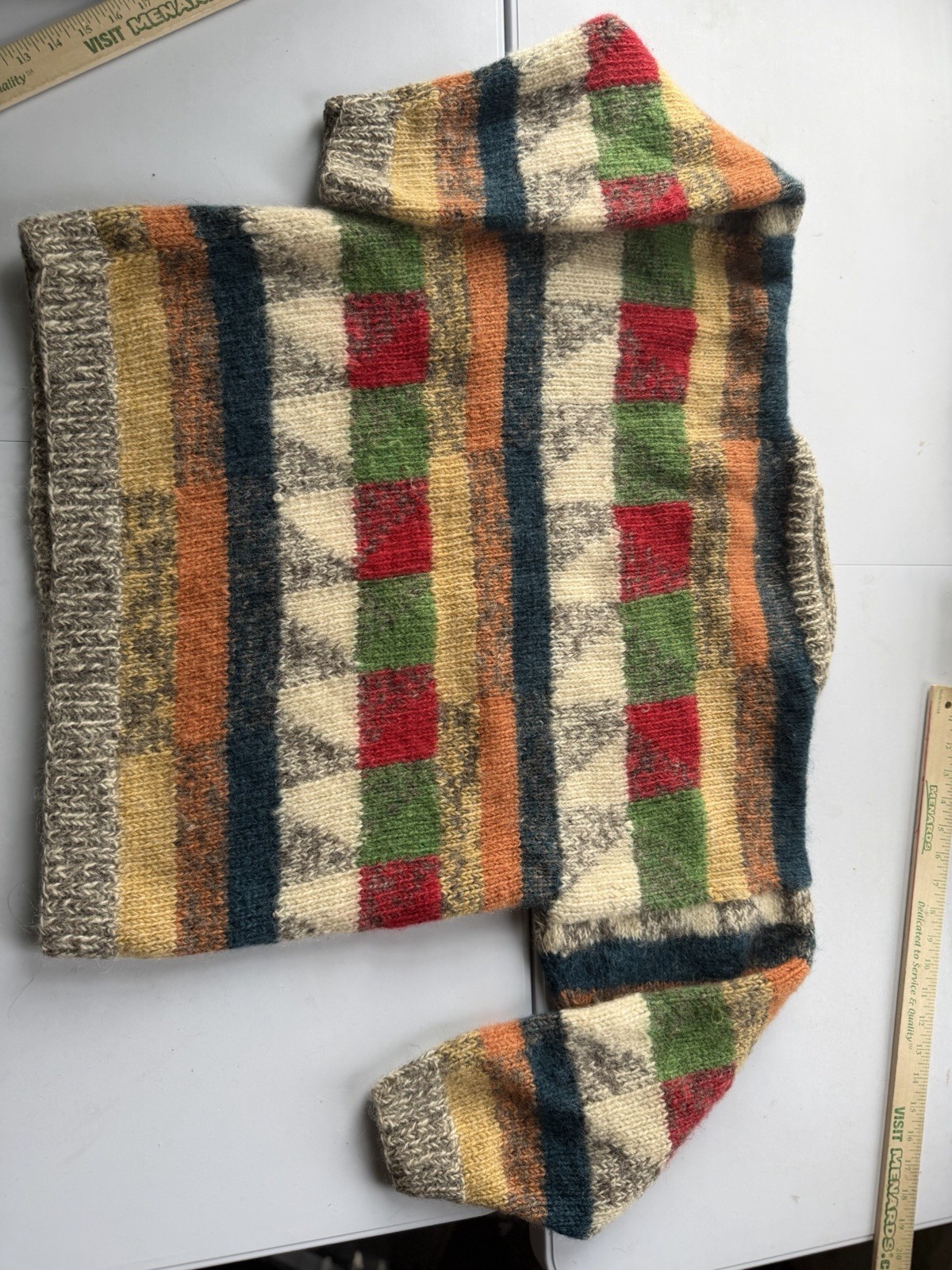 Vtg Patchwork Wool Knit Sweater L/XL Chunky Fuzzy Oversized Multicolor Bright