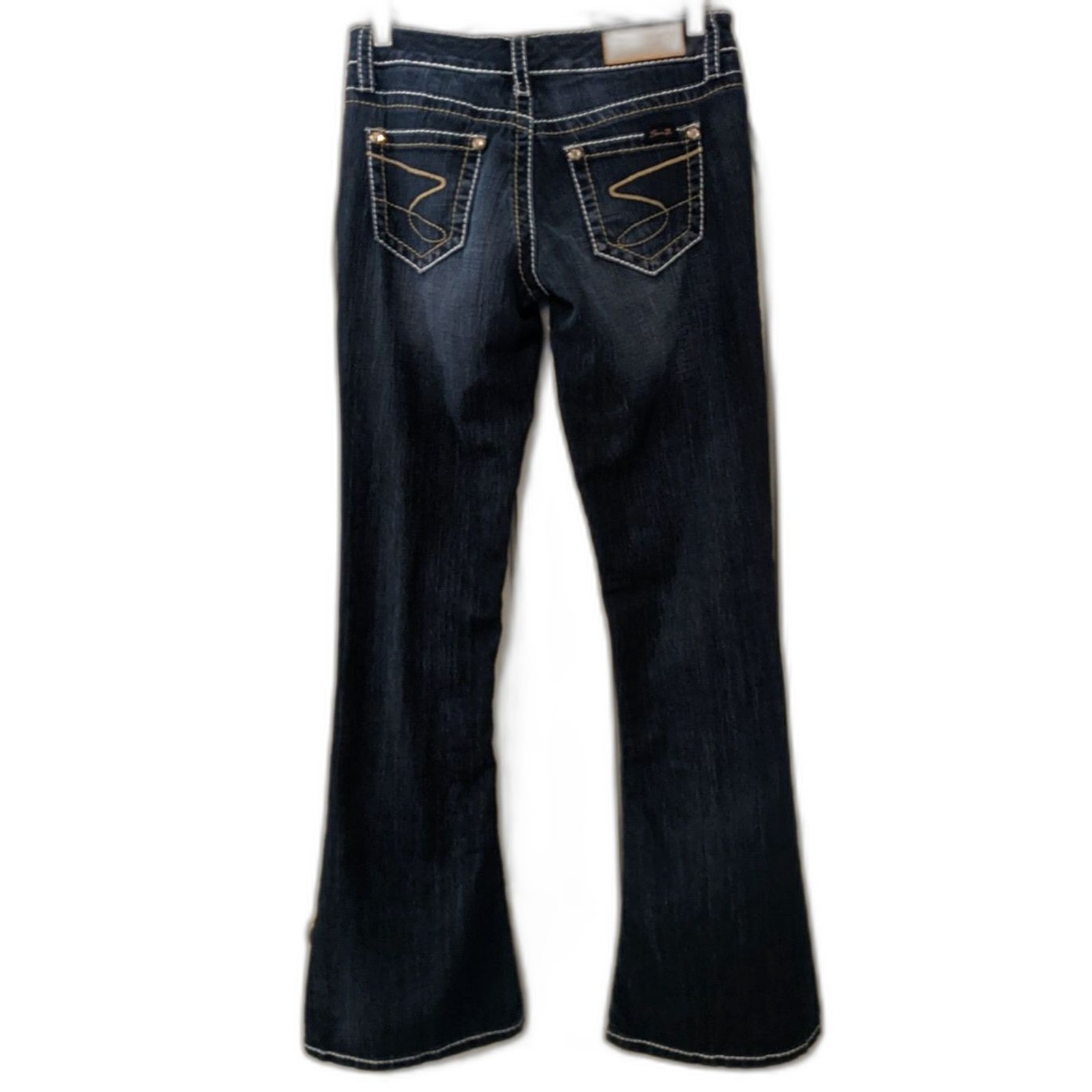 RARE Vintage Seven7 Crystal Embellished TULIP Flare Low Rise Topstitch Jeans 28