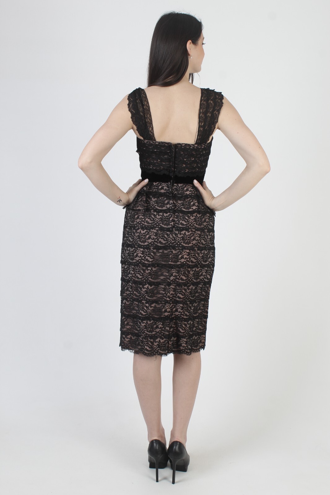 Vintage 50s Black Lace Illusion Dress Pin Up Convertible Slim Mid Century Pencil