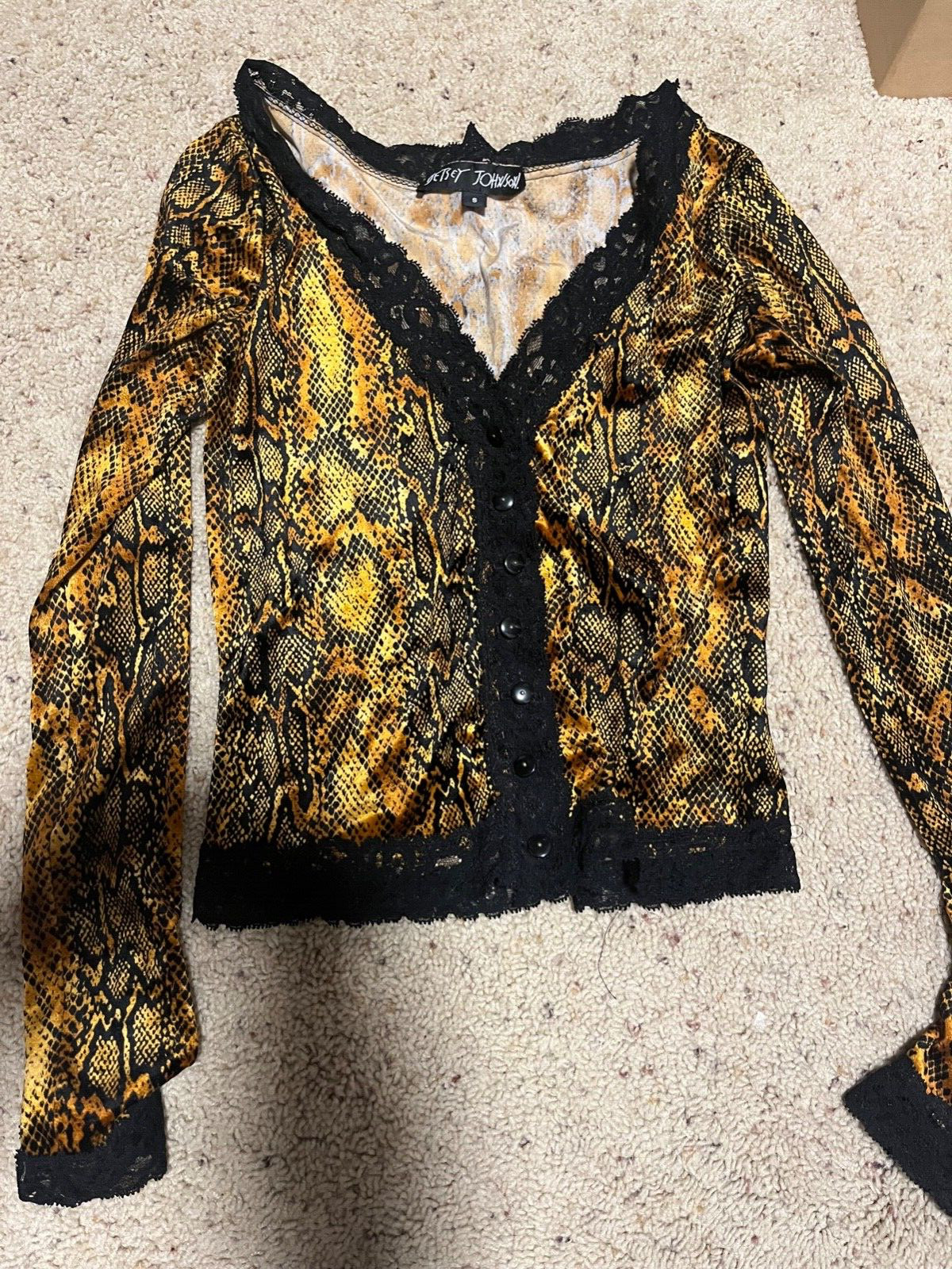 Vintage Betsey Johnson Snake stretch velvet cardigan with lace trim small