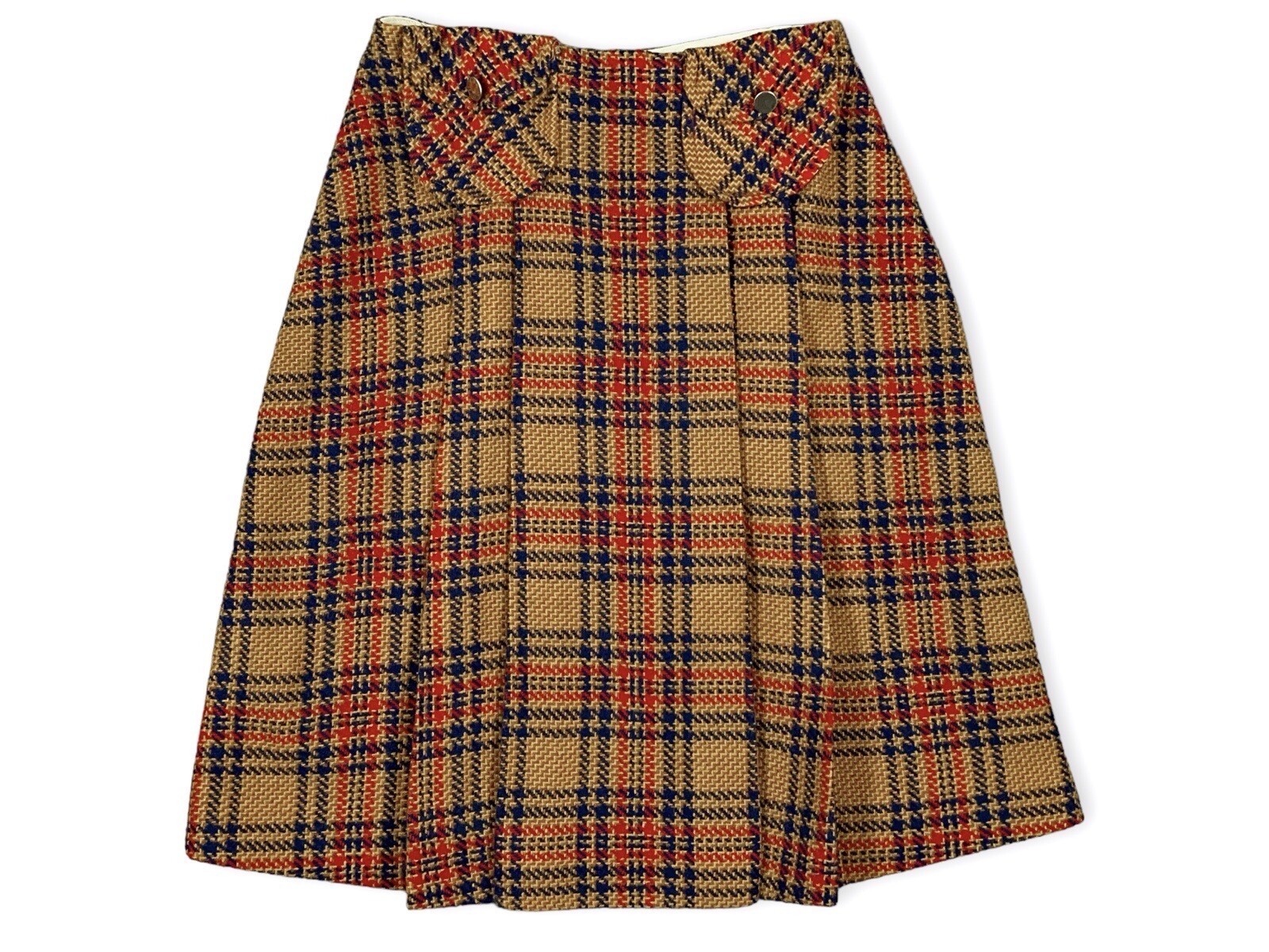 Vintage 70s Vibrant Camel Red Blue Plaid Pleated Skirt Carol Brent Mod GOGO S