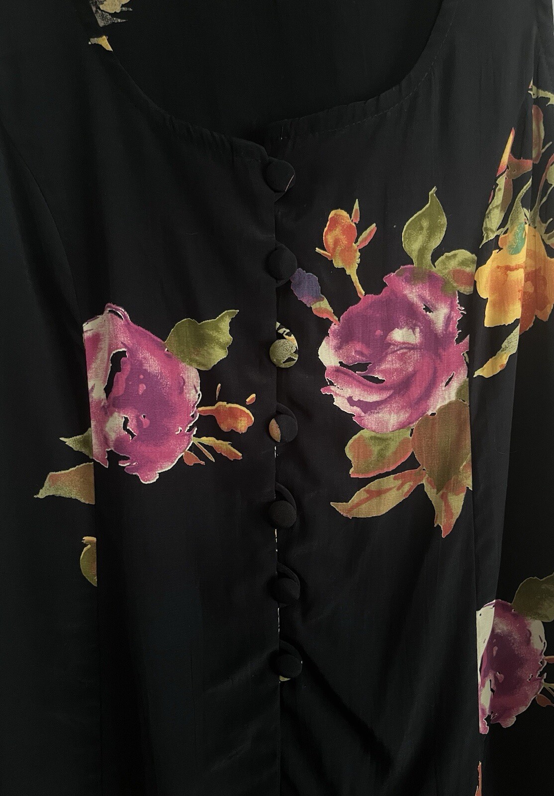 VTG Pamela.B Button Up Blouse/Side Button Blk Floral Maxi Skirt Set Size 6.