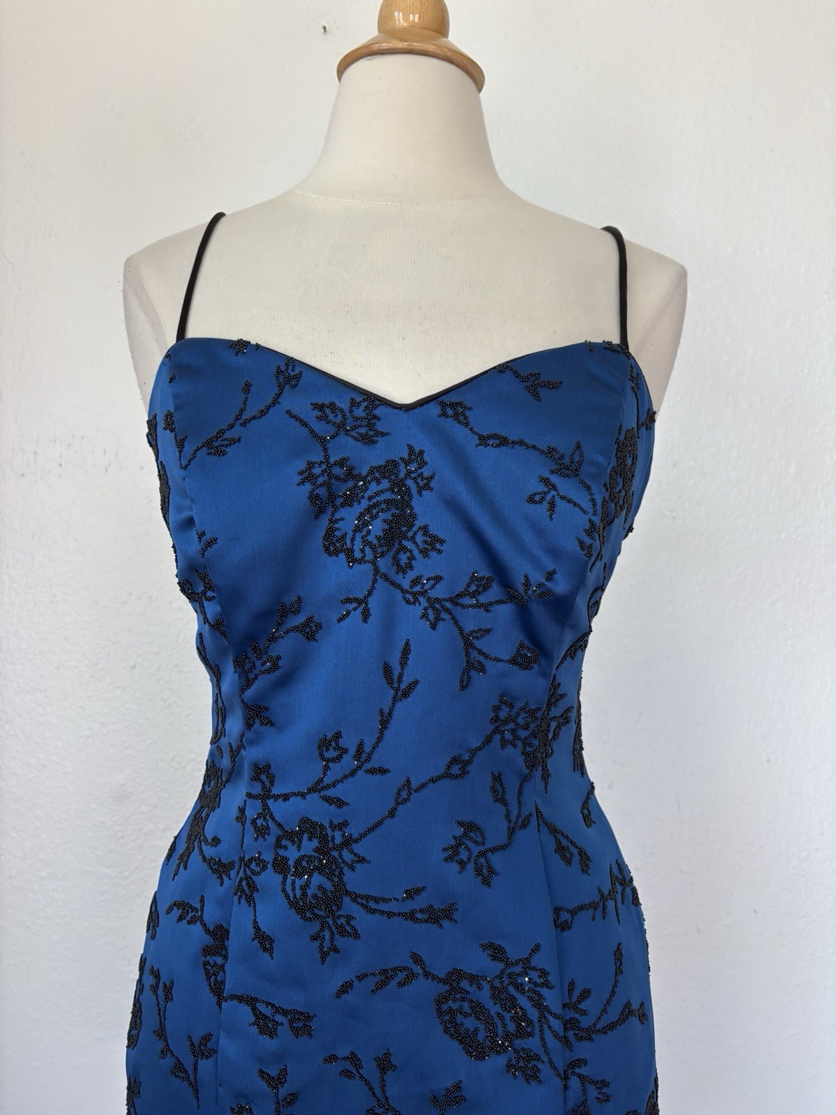 Vintage Sapphire Blue Floral Beaded Spaghetti Strap Cocktail Dress Sz 9/10