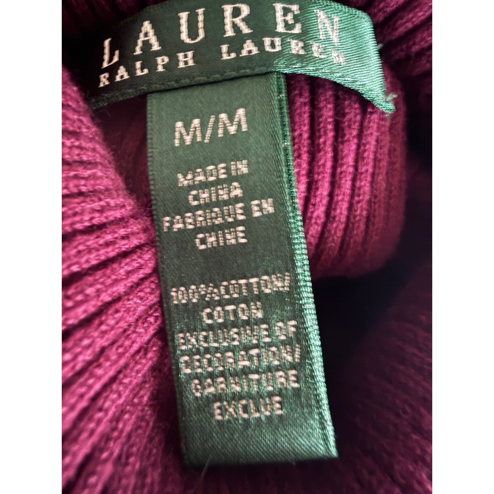 Vtg Lauren Ralph Lauren Sweater M Wine Ribbed Cotton Turtleneck Classic Preppy