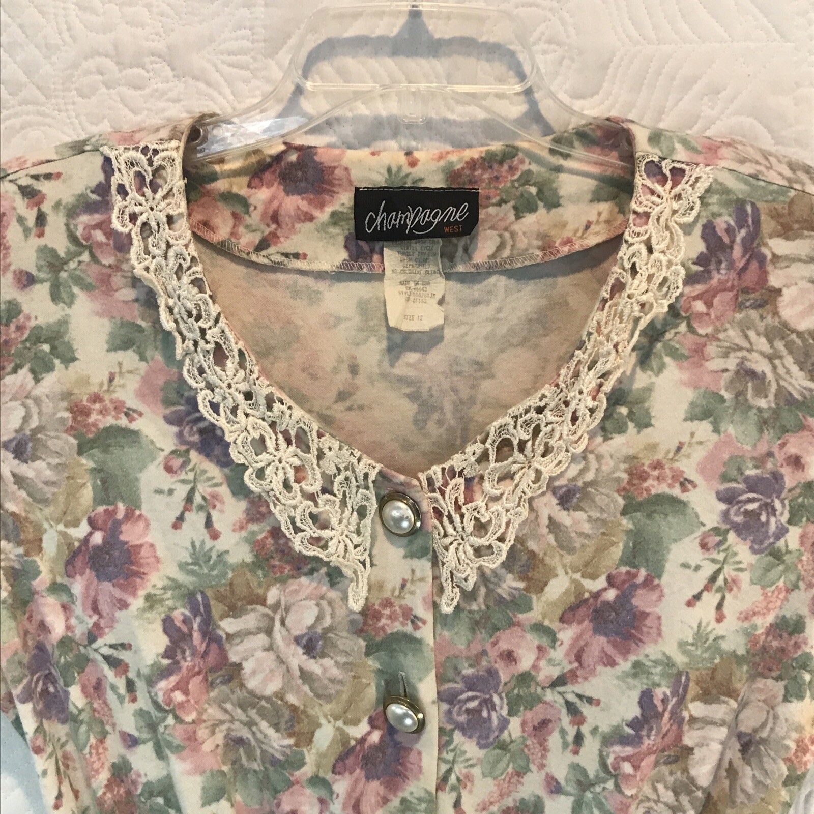 Vintage Champagne West Grannycore pearl button lace floral dress sz 12