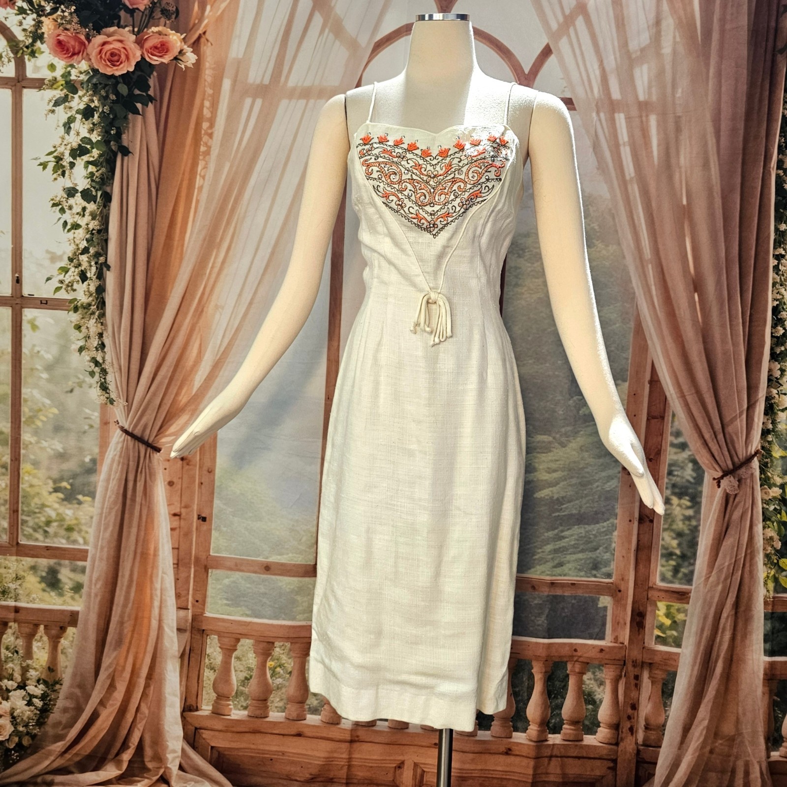 Vintage 1960’s Dress Shift Mod Cream Orange Beads and Rhinestone Embroidered