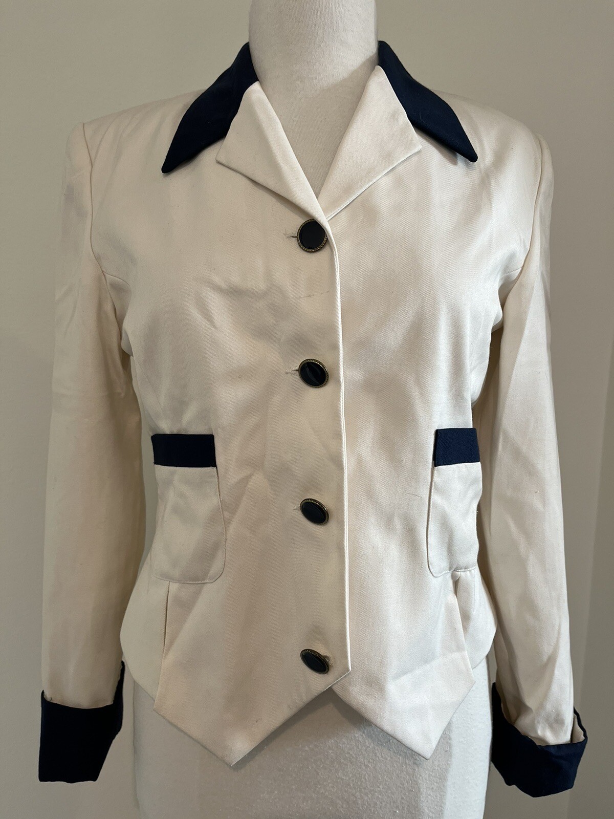 Halston Blazer Women’s 6 Ivory Navy Trim Vtg Nautical Preppy Mod Tailored Jacket