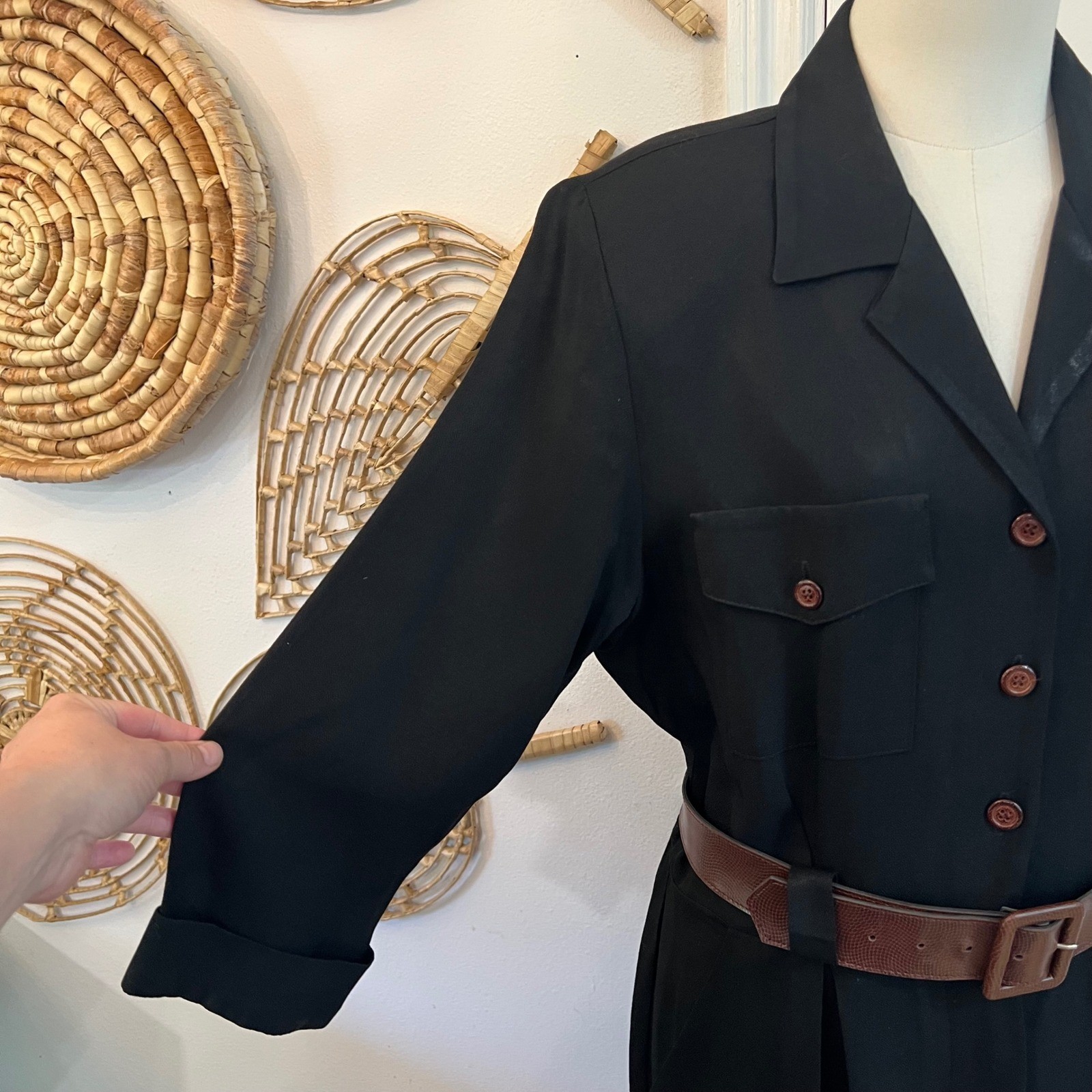 Vintage Studio I Black Crepe Midi Shirt Dress Utility Belted Pockets Petite S M