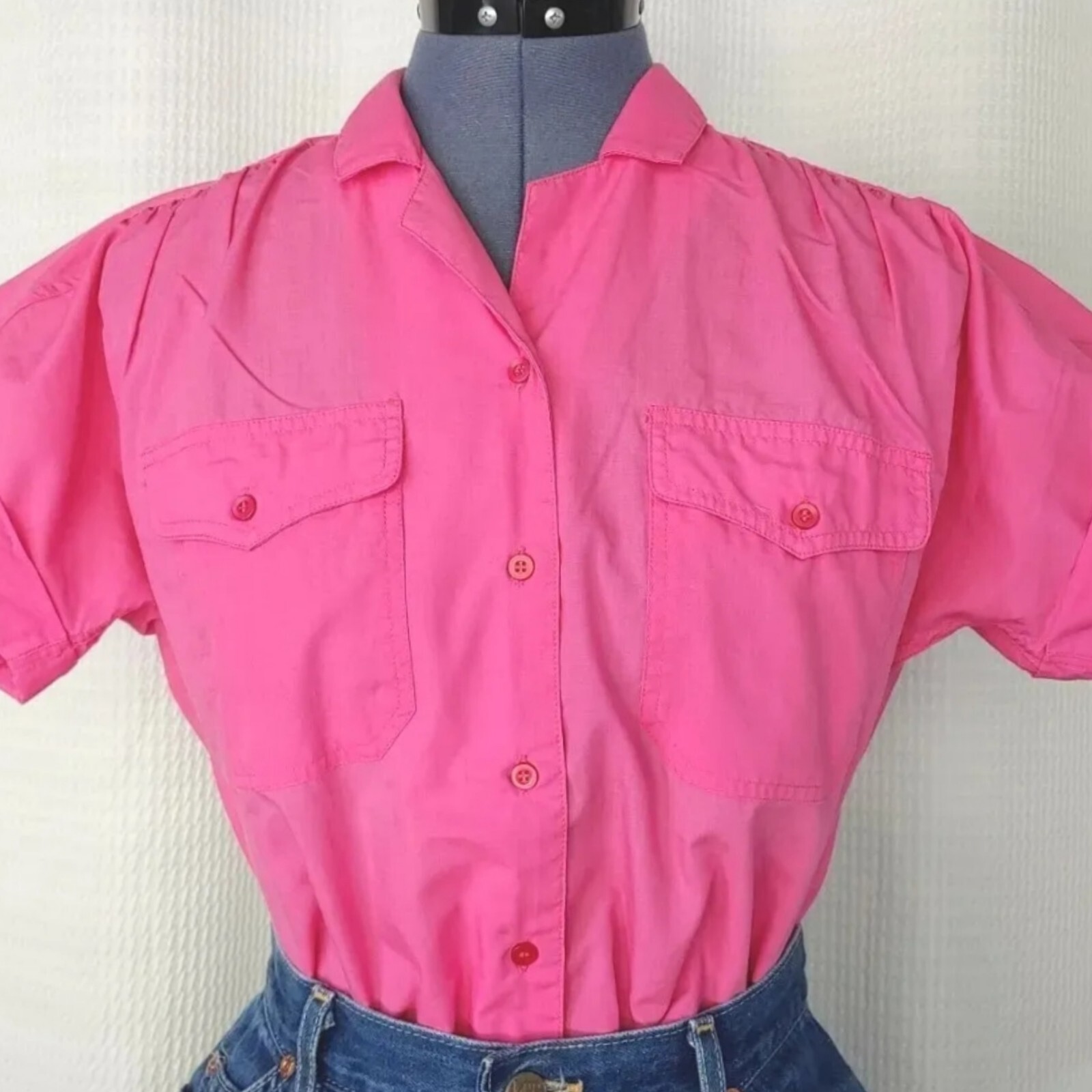 Vintage Objectives Hot Pink Short Sleeve Button Down Top Size 8
