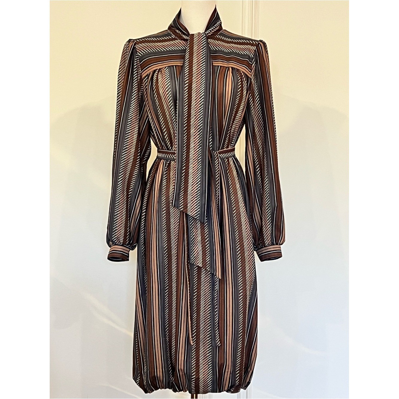 Vintage 70s Secretary Dress Brown Stripe Bow Scarf Neck Belted Blouson