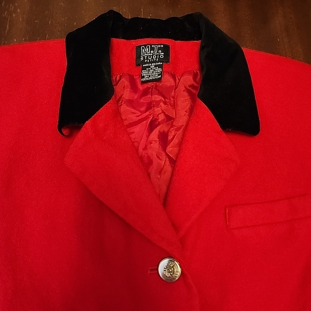 Vintage Morgan Taylor Red Wool W/ Black Velour Collar Pea Coat 12P Big Button