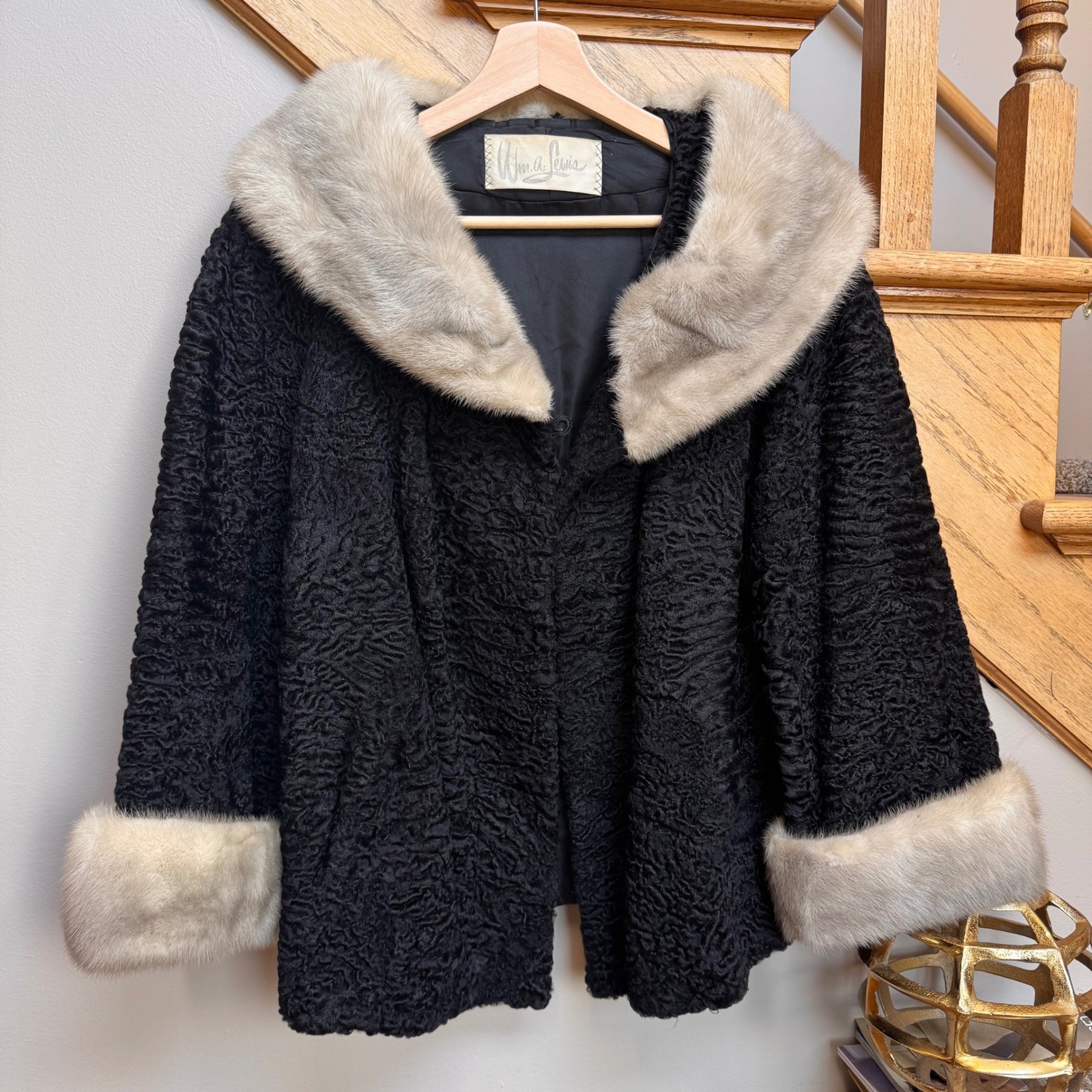 VTG Mink Trim Swakara Genuine South African Karakul Lamb Fur Swing Coat XL/1X