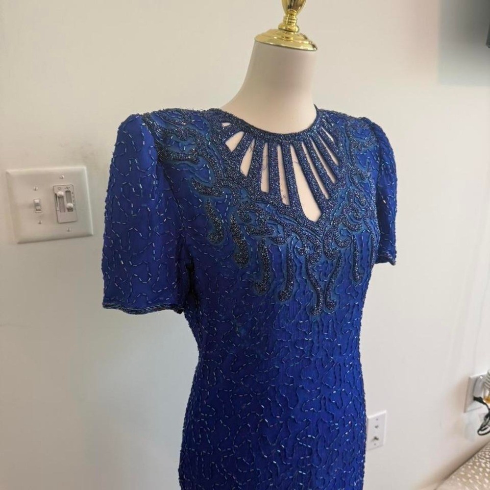 Vintage Lawrence Kagan 100% Silk Royal Blue Beaded Cutout Dress — Size L