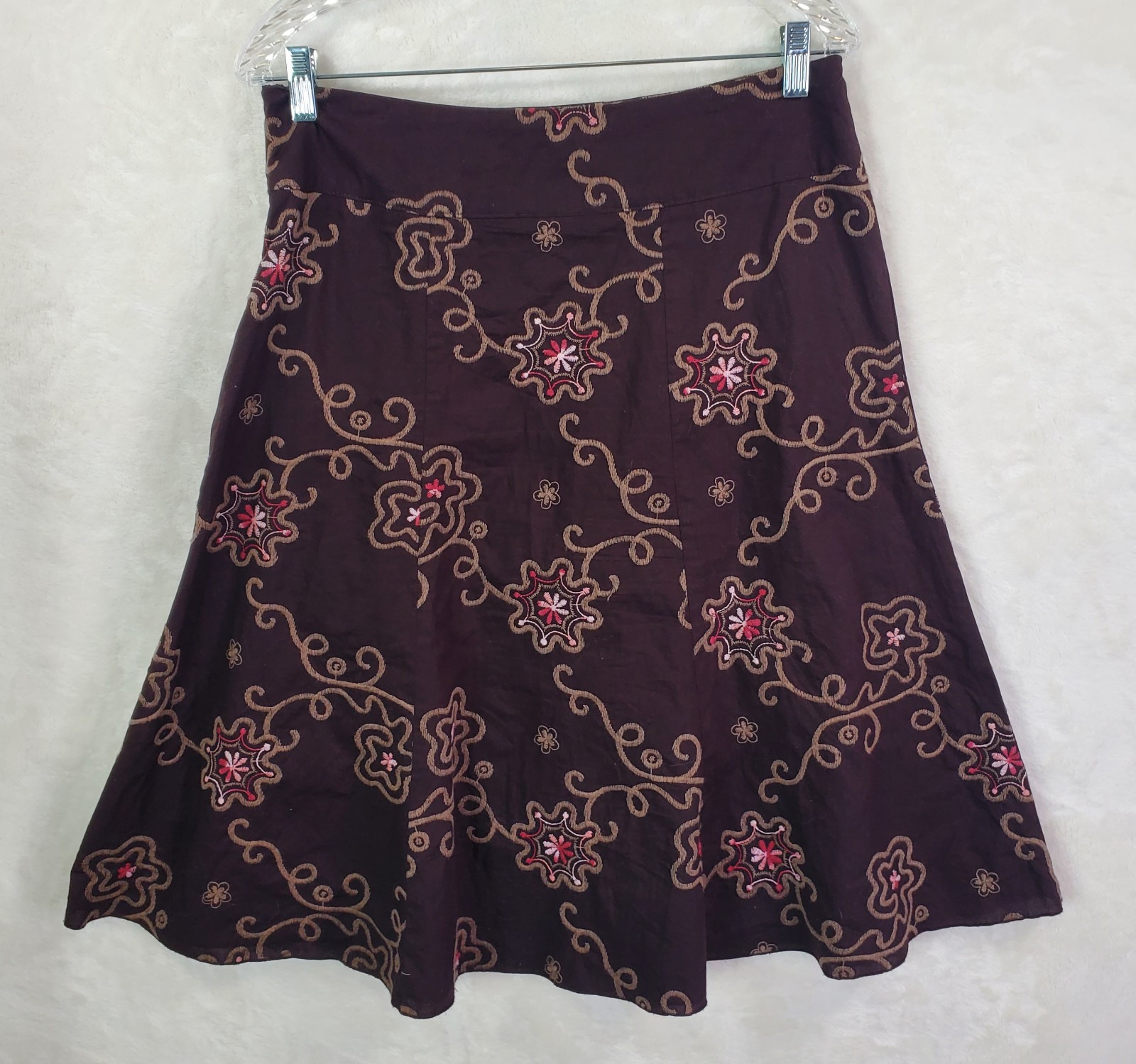 Vtg Y2K Sylvie & Mado Brown A Line Stiched Floral Embroidered Skirt Large Boho