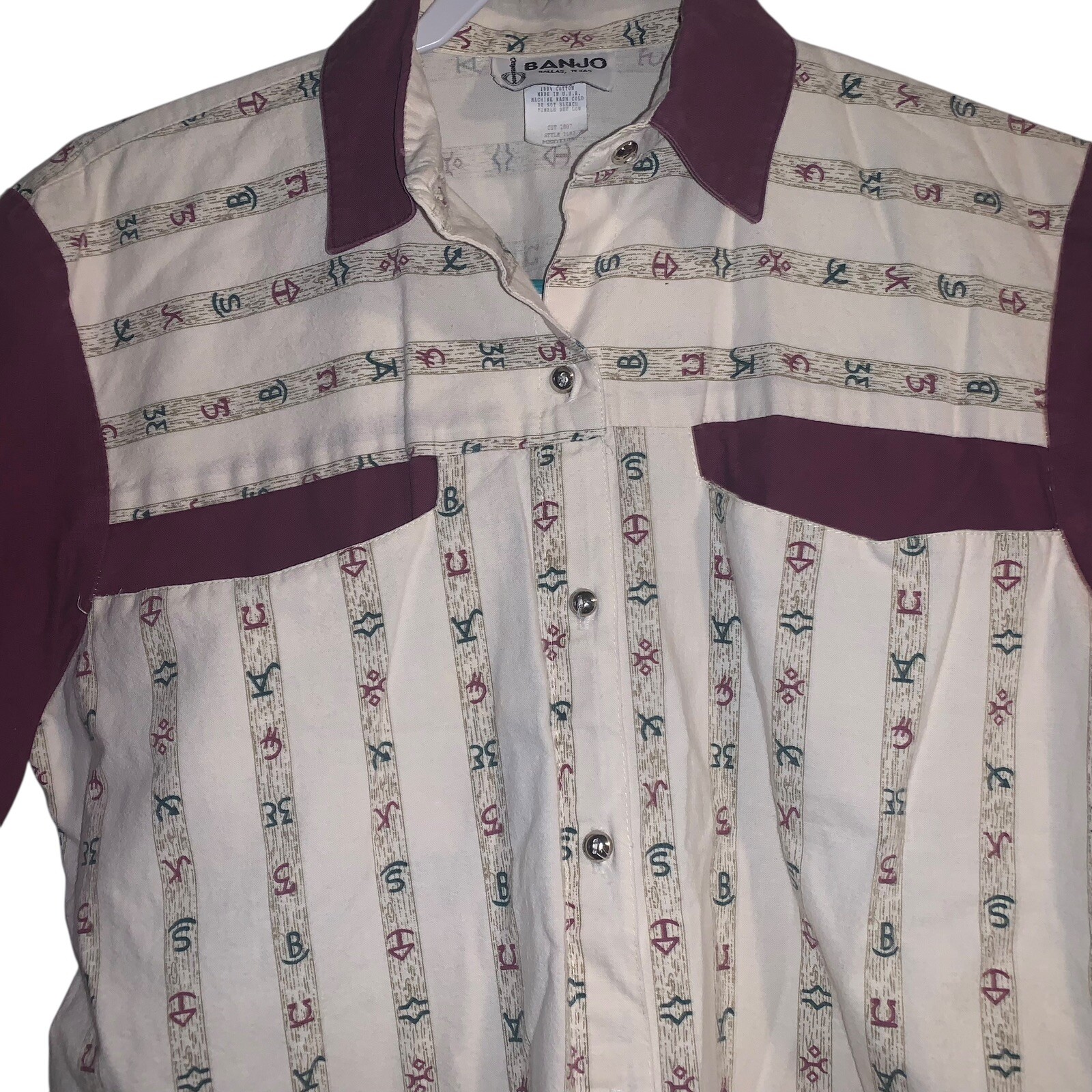 Vtg Banjo Dallas Tx Western Button Shirt Womens M Purple Cowgirlcore Made USA