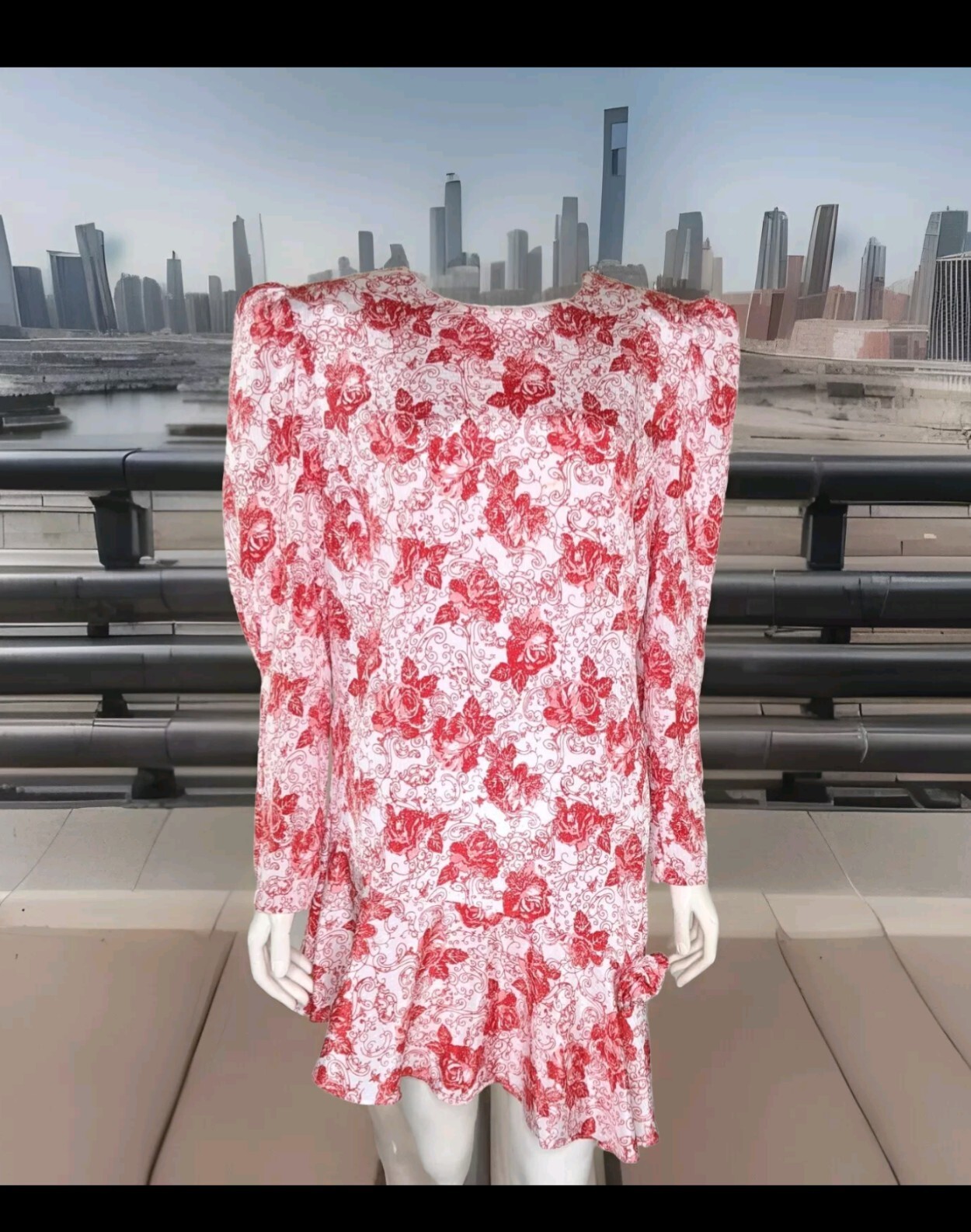 Vintage 80s Dress Womens 10 Long Top Retro Red White Shoulder Pads Puffy Sleeves