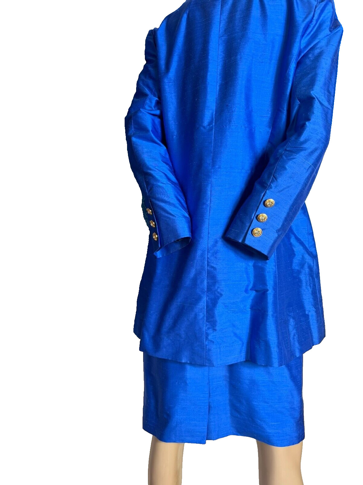 Vintage Silk Costume Royal Blue 38 40 Blazer Coat Jacket Pencil Skirt 80s 90s