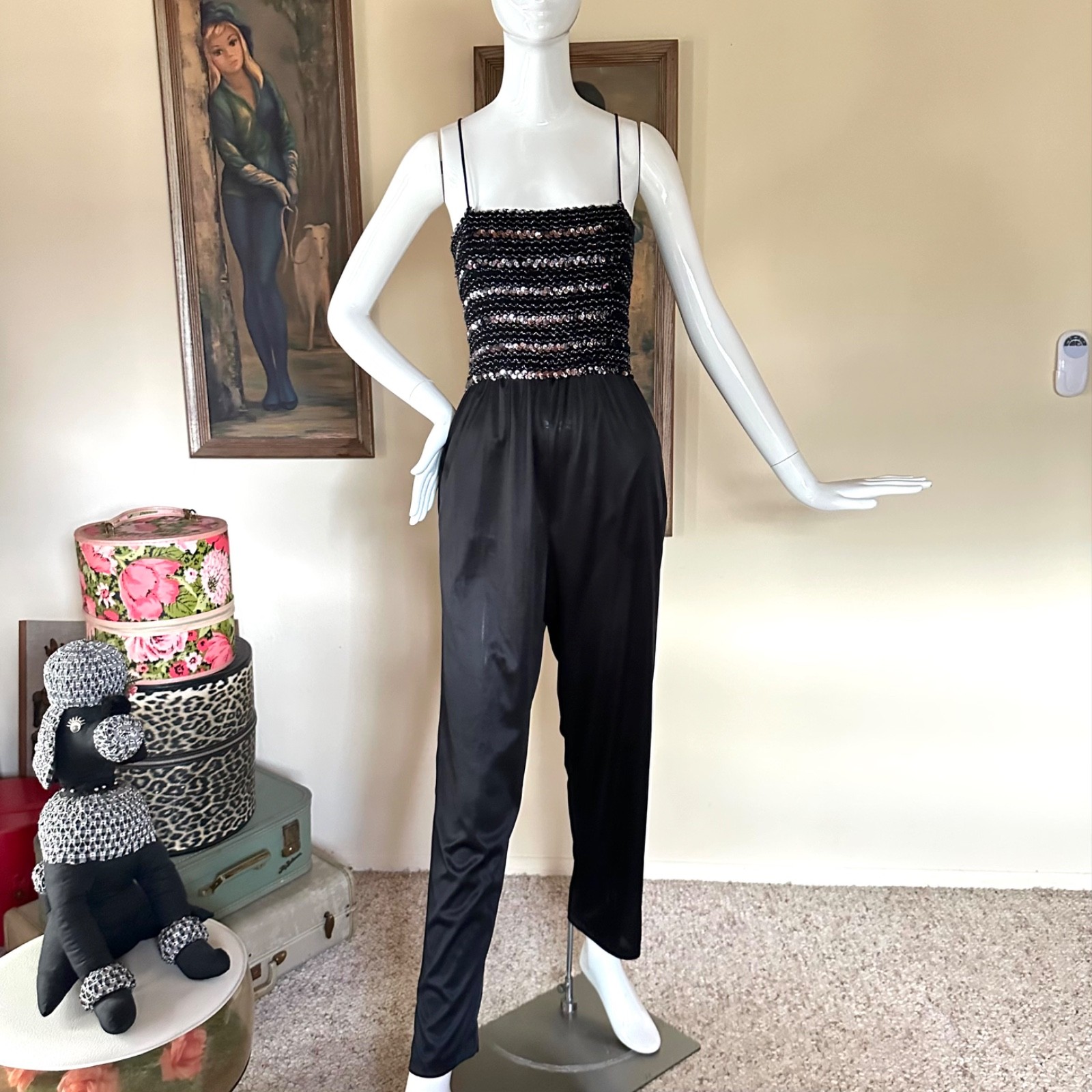 Vintage 70s Studio 54 Disco Mob Wife Tube Top Jumpsuit Black & Silver Lurex M/L