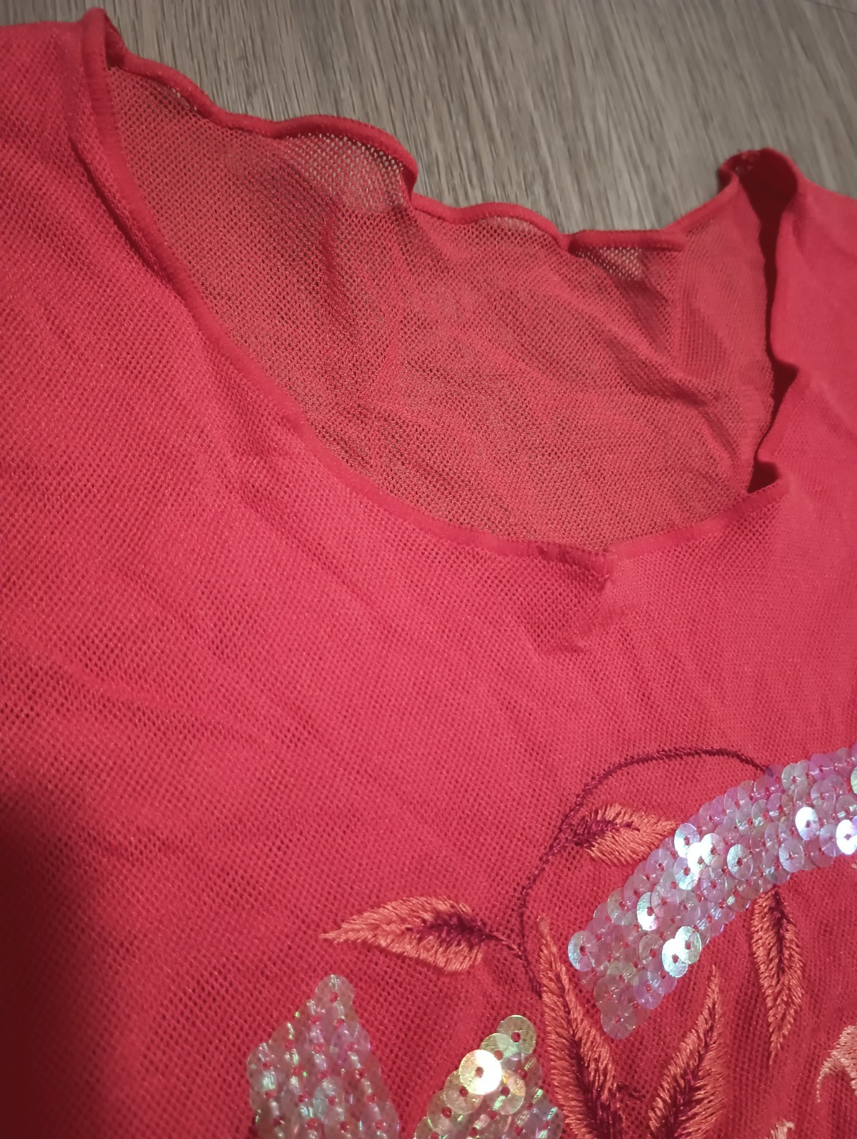 Vtg 90s Orange Sheer Mesh Fishnet Embroidered Sequin Artsy Floral Top Blouse XS