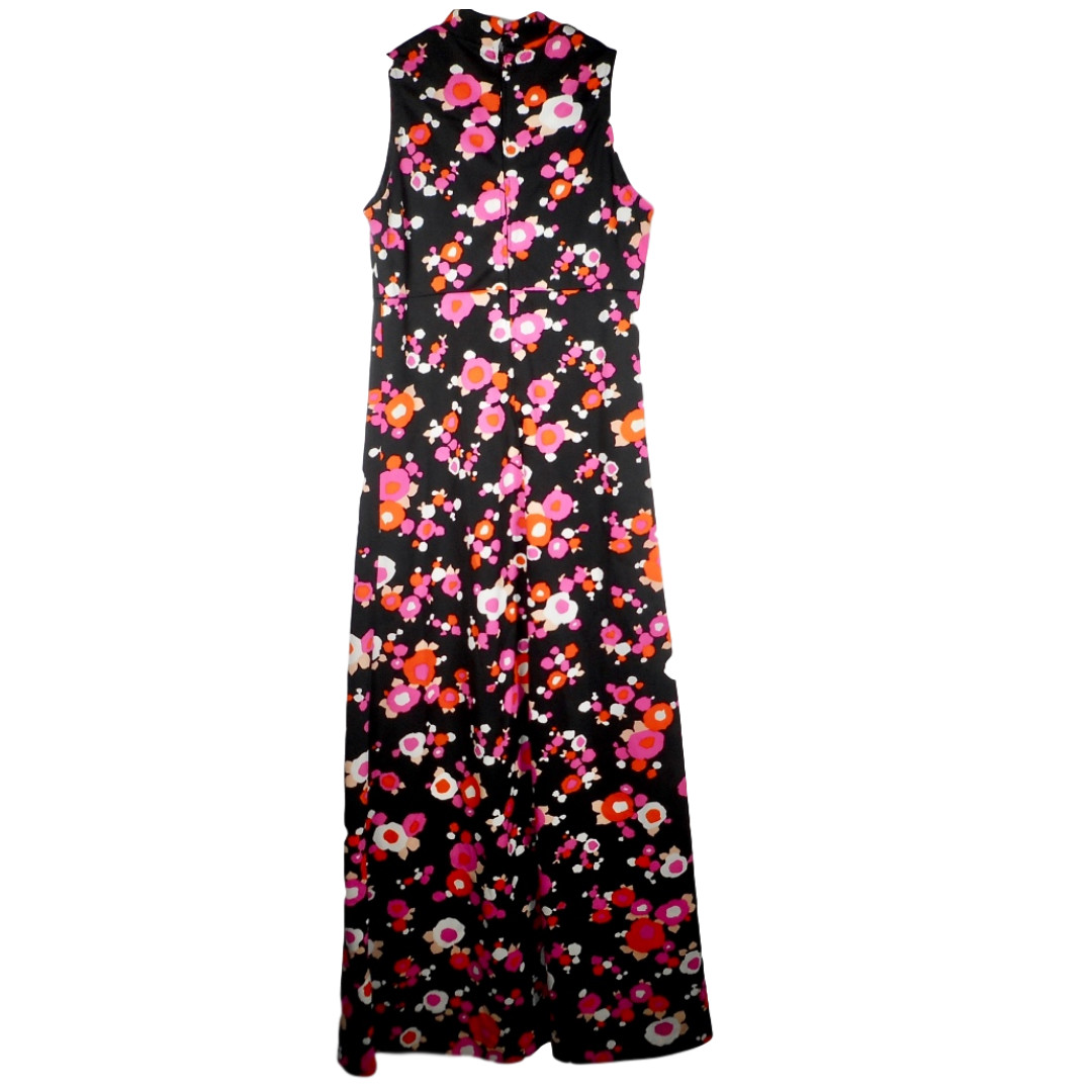 VTG 70s Original Black Fun Flower M L 10 Maxi Dress Mod Handmade Pink Hippie