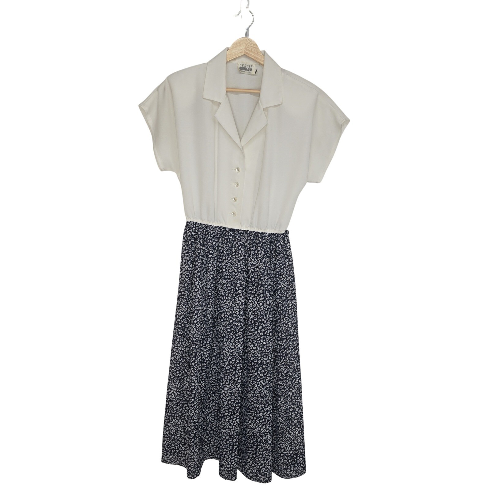 Leslie Fay Collections Vintage Cream Navy Seashell Print Midi Dress Size 10