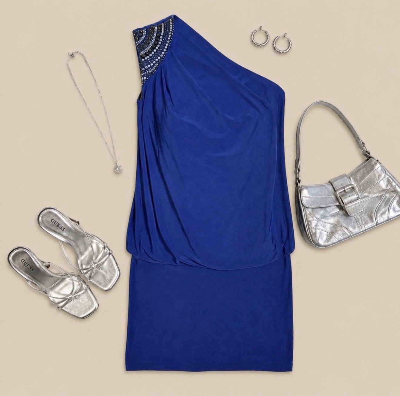 Vintage 1990’s Cache One Shoulder Cobalt Blue Dress With Embellished Shoulder