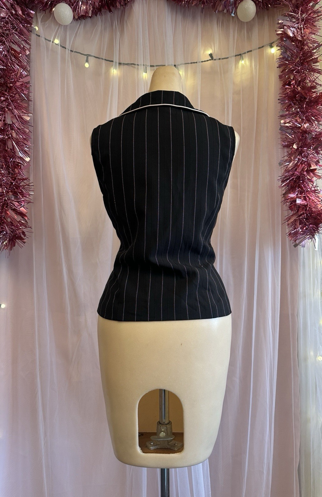 Vintage 90s Pinstripe Vest Top Black Pink Sleeveless Preppy Minimalist M/L