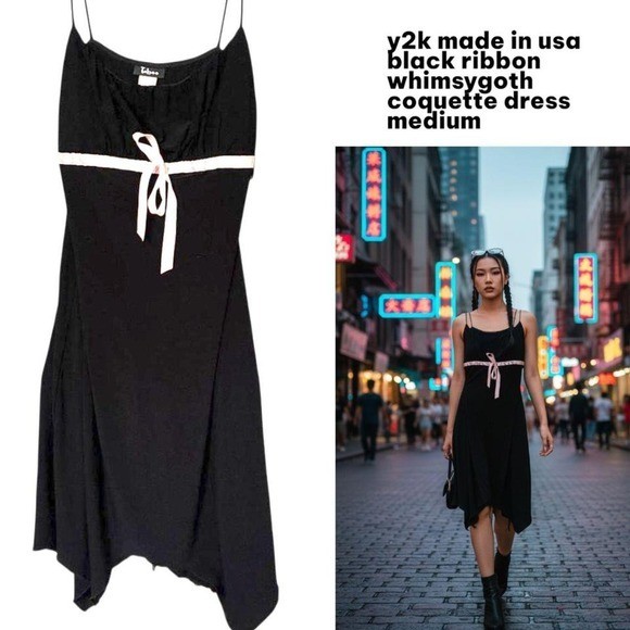 90s Y2K vintage black whimsy Goth ribbon pink coquette dress medium by Taboo