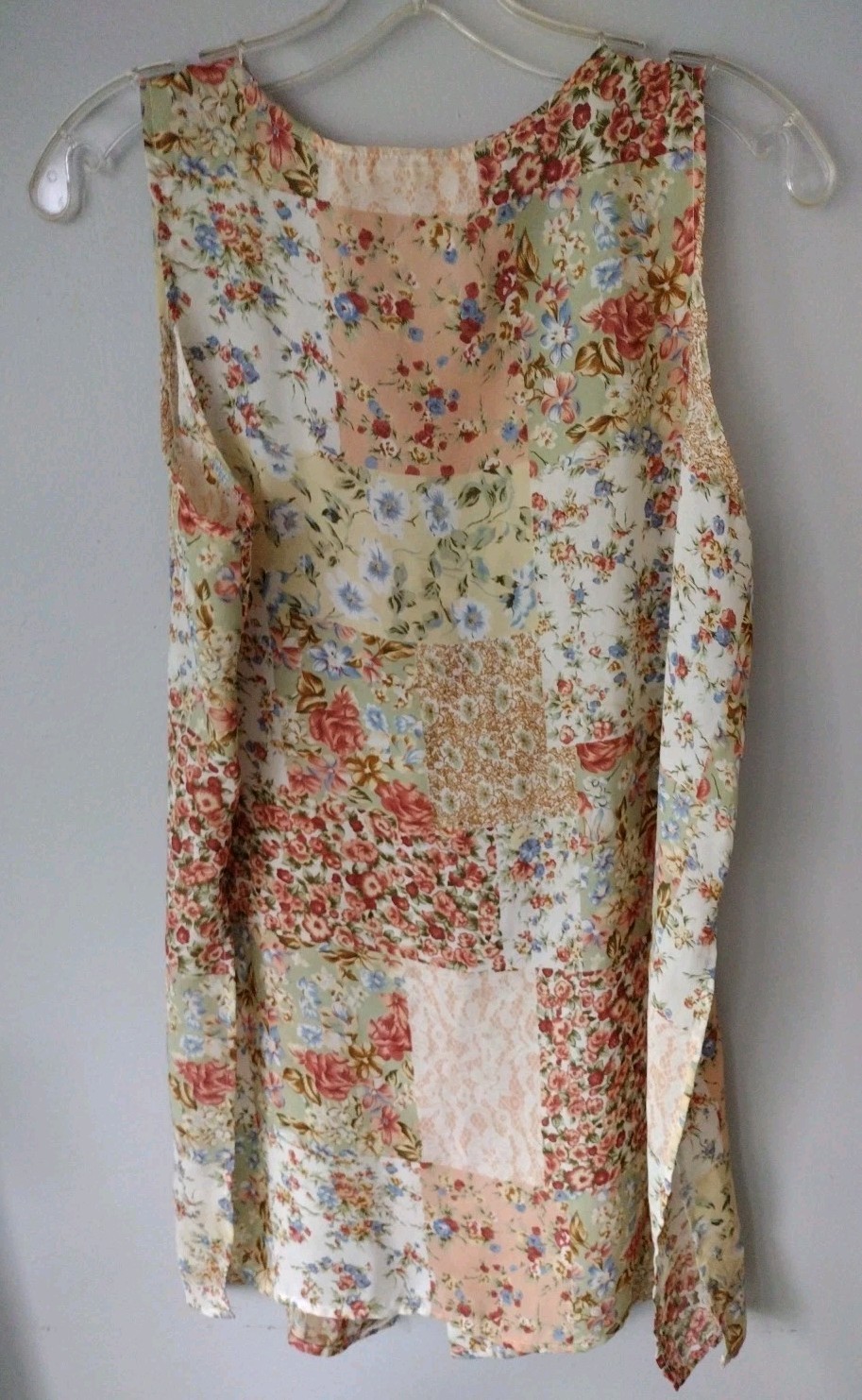 Vintage 90s Bonjour Sheer Patchwork Print Vest Blouse Side Slit Buttons See Meas