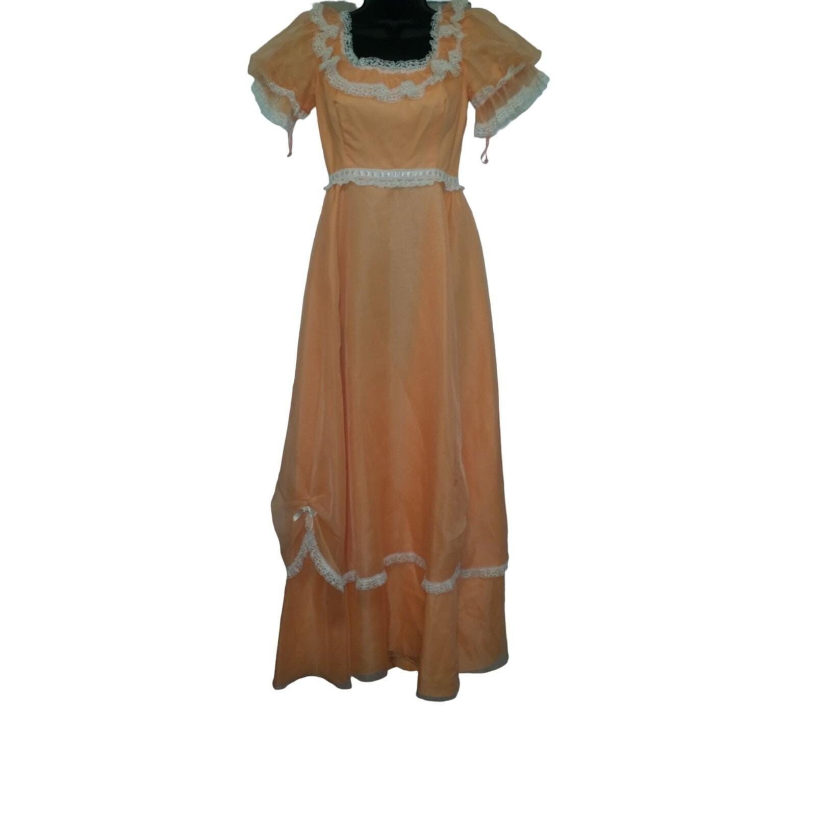 Vintage Nadine Ruffled Chiffon Bridesmaid Dress Womens 5 Peach White Puff Sleeve