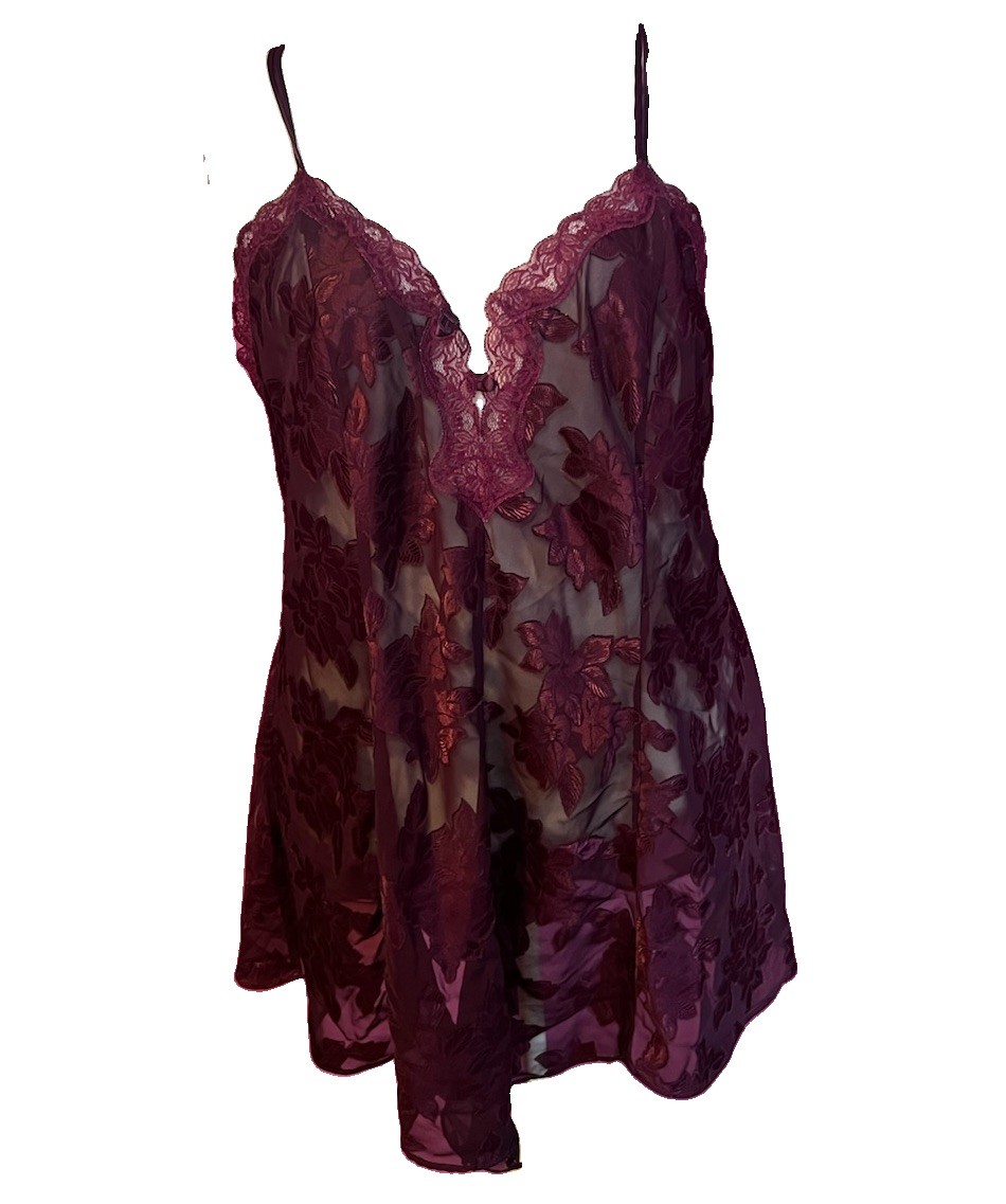 Vintage Solange Sheer Floral Lace Teddy Burgundy Plus Size 26/28 3X