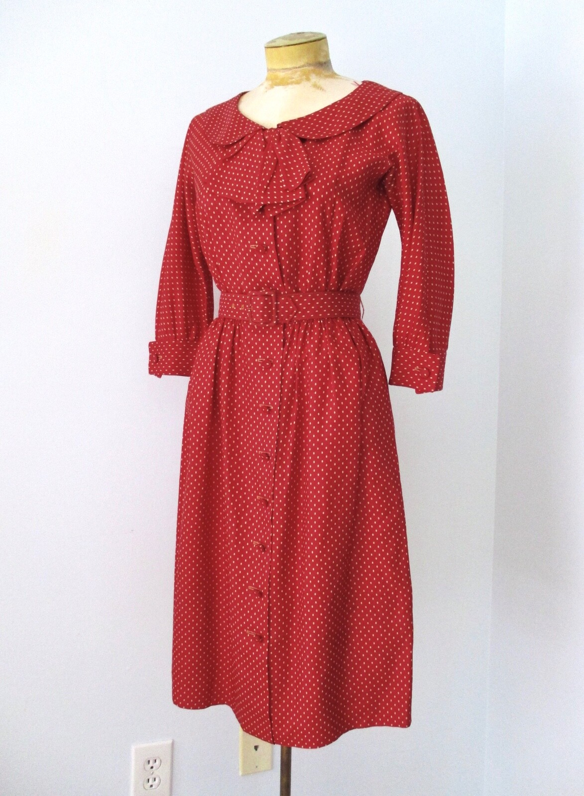Vtg 50s Rockabilly Red Beige Dots Silk Swing Button Dress Bow Buckle Belt 8