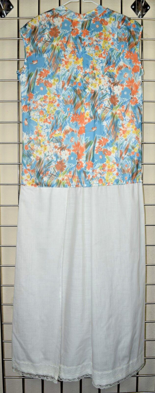 Vintage Midi Dress Blue Orange Yellow Size M 50s 60s Watercolor White Skirt Lace