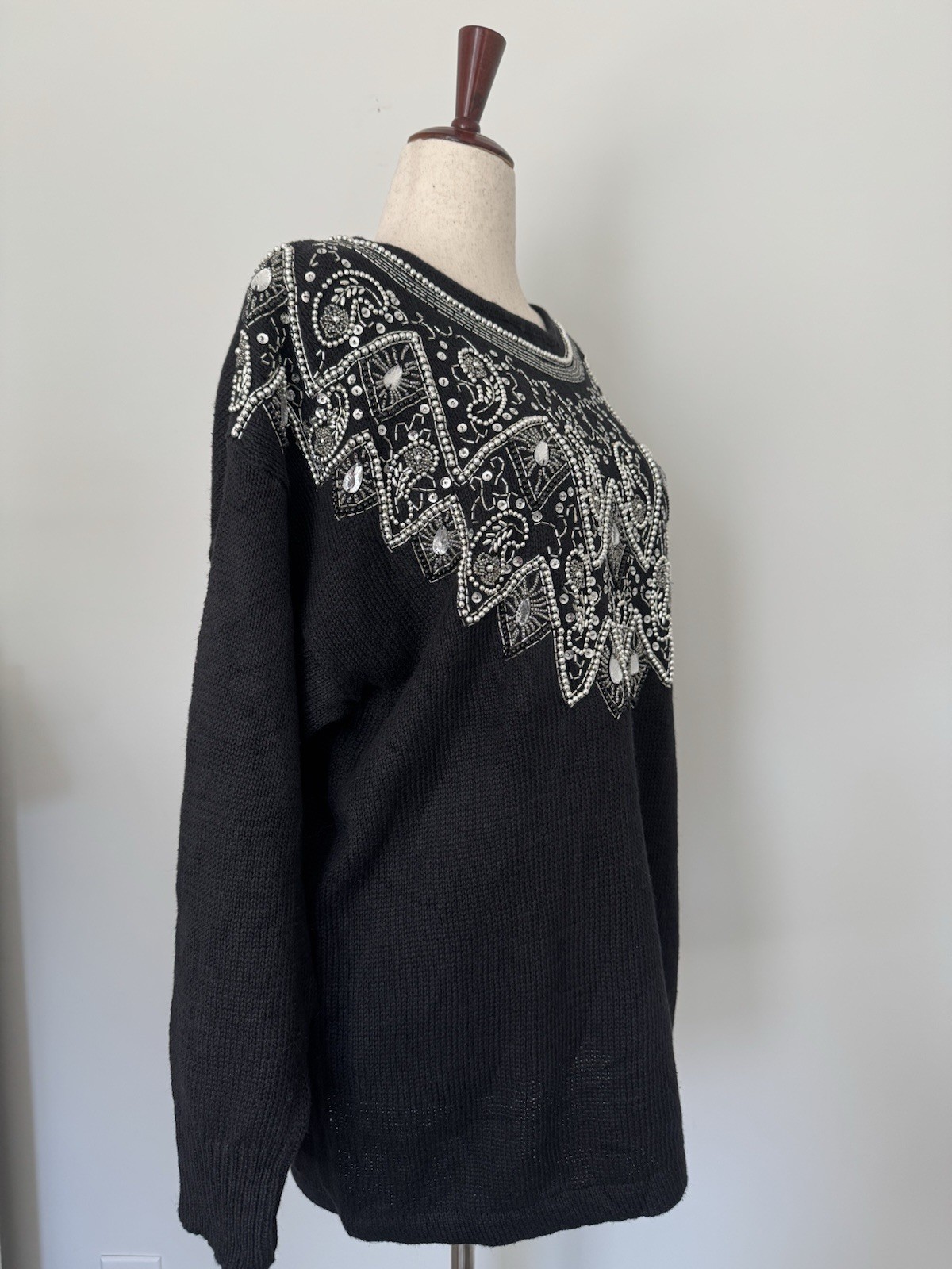 Maurada Women’s 1X Black Beaded Embellished Sweater Ramie Cotton Vintage Style